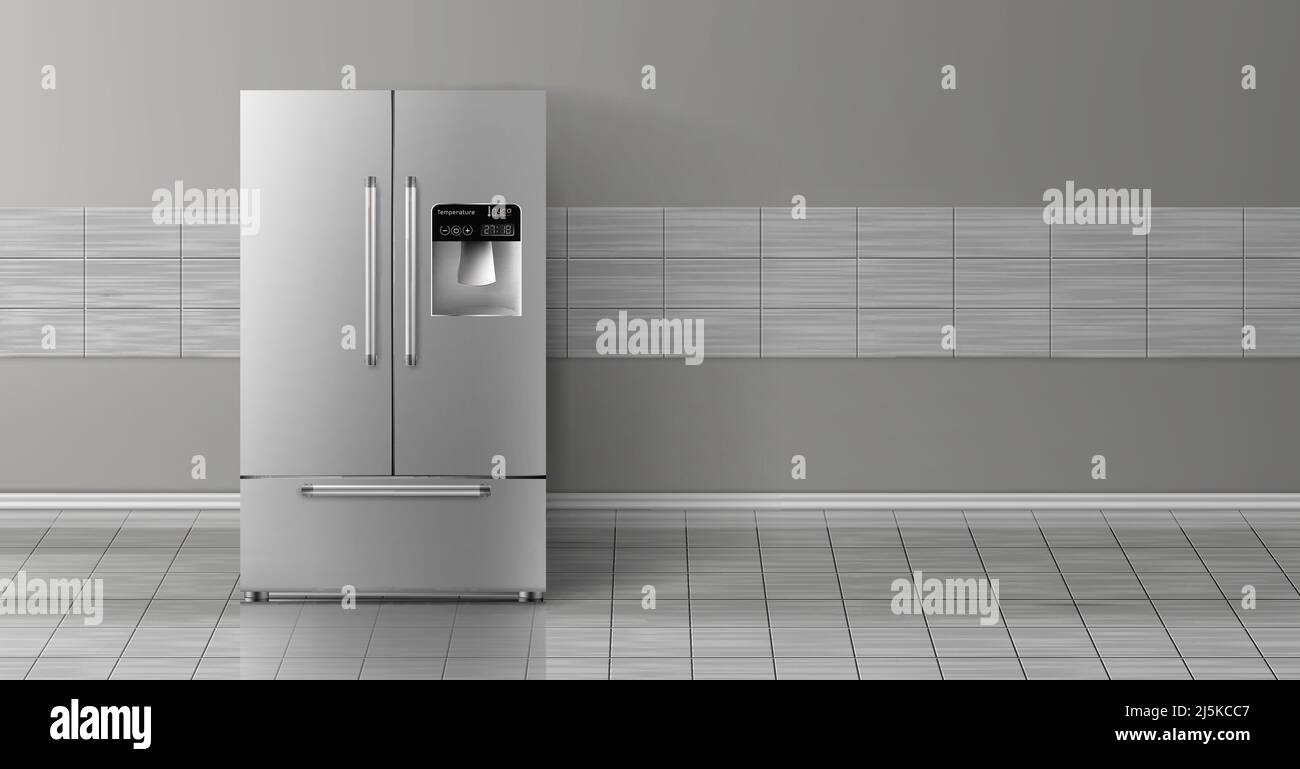 Vector 3D realistische Nachbau mit grauen zwei-Kammer-Kühlschrank isoliert auf Fliesenwand. Modernes, intelligentes Gerät in der Küche, Hintergrund für Design. Deko Stock Vektor