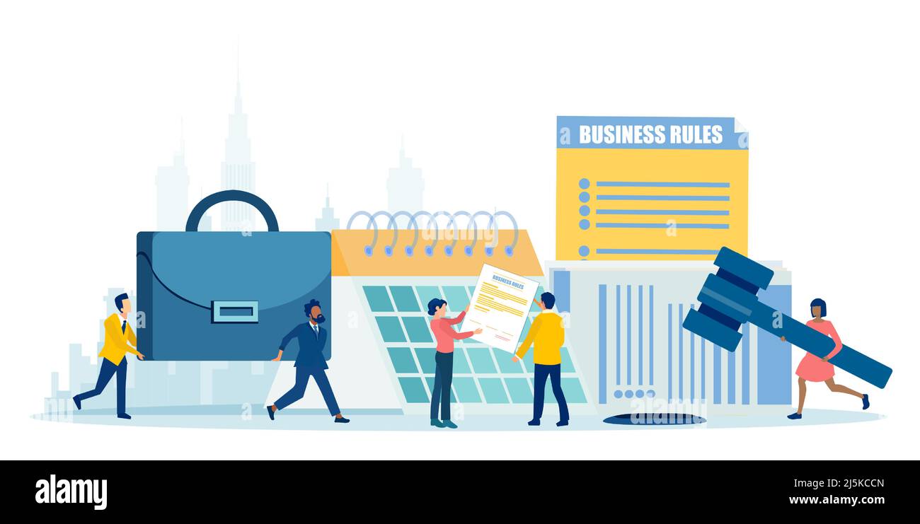 Vektor von Geschäftsleuten, die Unternehmensregeln und -Richtlinien lesen. Geschäftsgesetze, Vorschriften und Normenkonzept Stock Vektor
