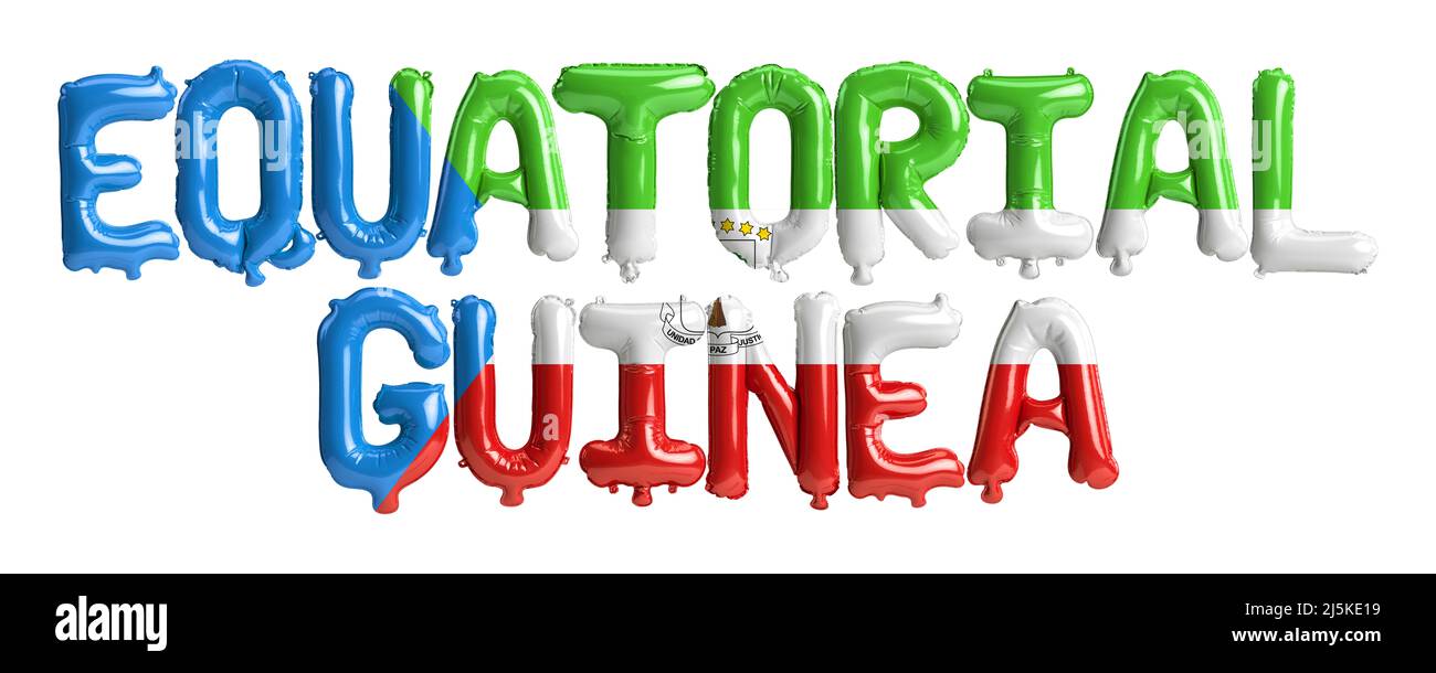3D Illustration von Äquatorialguinea-Buchstabenballons mit Flaggen-Farbe auf Weiß isoliert Stockfoto