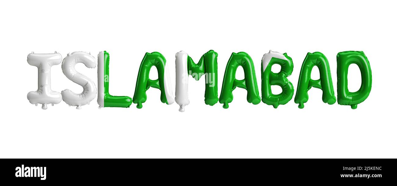 3D Illustration von Islamabad-Hauptballons mit pakistanischen Flaggen, die auf Weiß isoliert sind Stockfoto