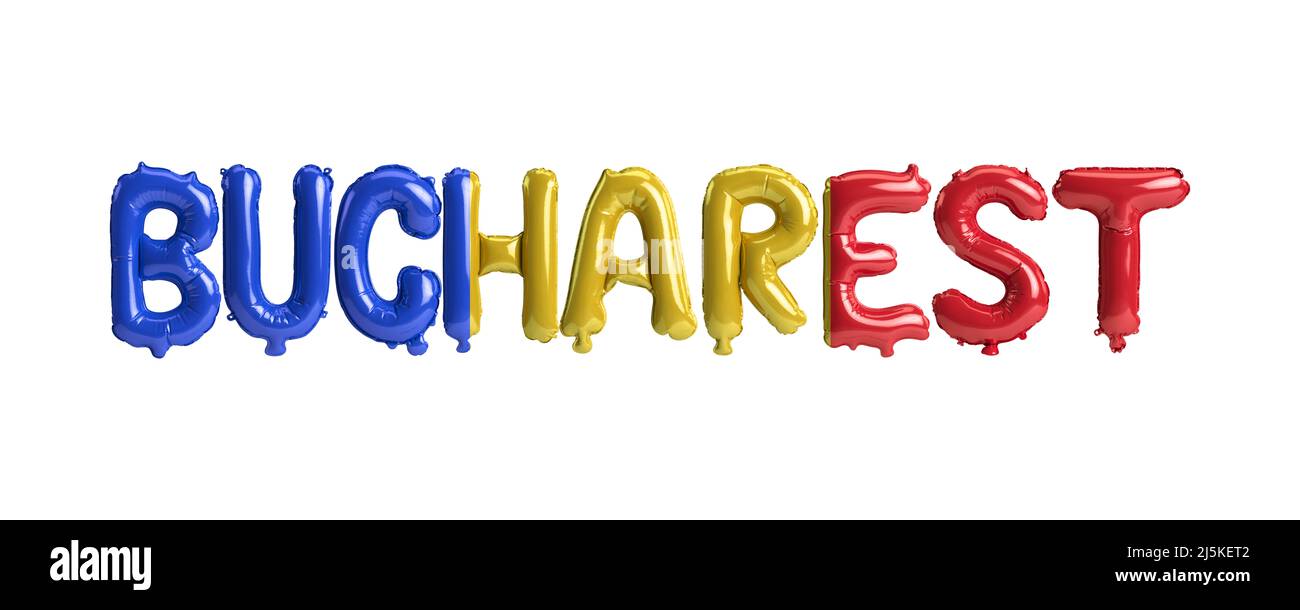 3D Illustration von Bukarest Hauptstadt Ballons mit Rumänien Flaggen Farbe isoliert auf weiß Stockfoto