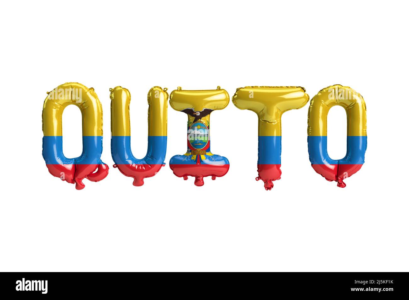 3D Illustration von Quito Hauptballons mit Ecuador Flaggen Farbe isoliert auf weiß Stockfoto