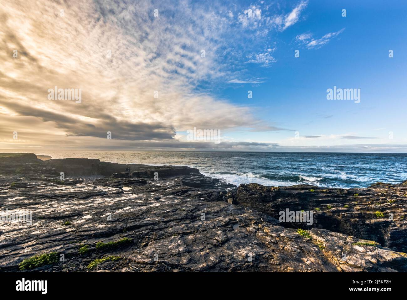 Dunkle Klippen vor blauem Meer mit orangen Wolken und blauem Himmel, County Wexford, Irland Stockfoto