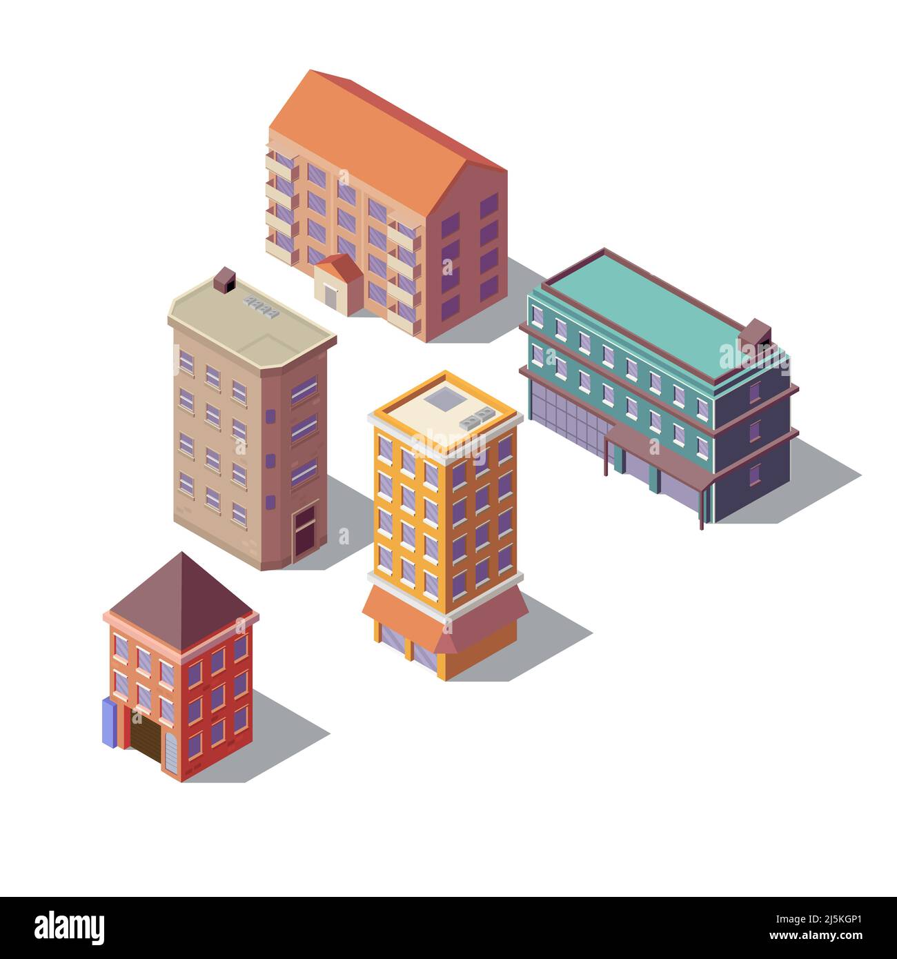 Vector isometrische Reihe von modernen Gebäuden, hohe Türme mit Geschäftsbüros, Wohn mehrstöckigen Konstruktionen, isoliert auf Hintergrund. Stadtbogen Stock Vektor
