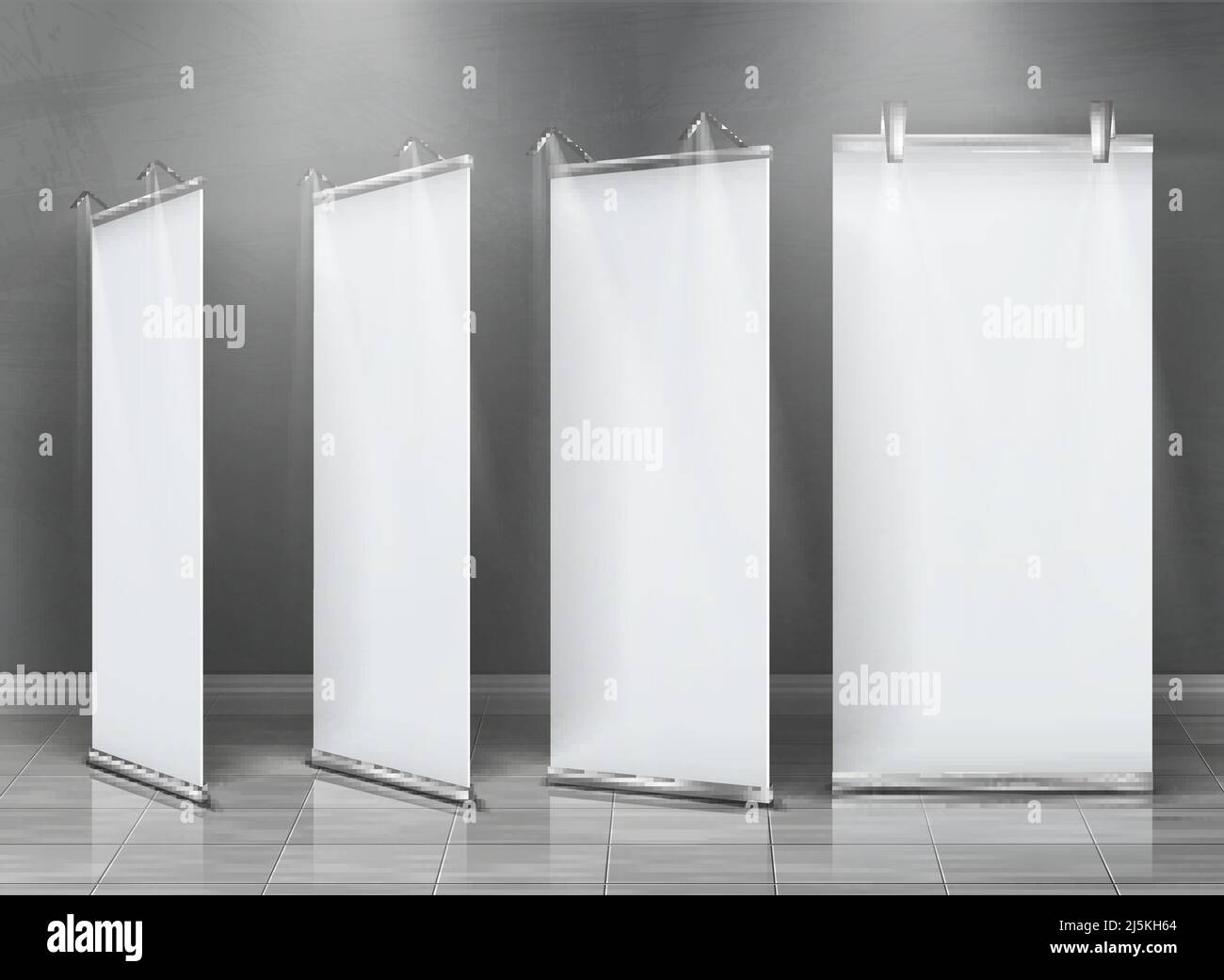 Vector realistische Satz von leeren Roll-up-Banner, vertikale Stände für Ausstellung und Geschäftspräsentationen isoliert auf grauem Hintergrund. Nachbau mit Empt Stock Vektor