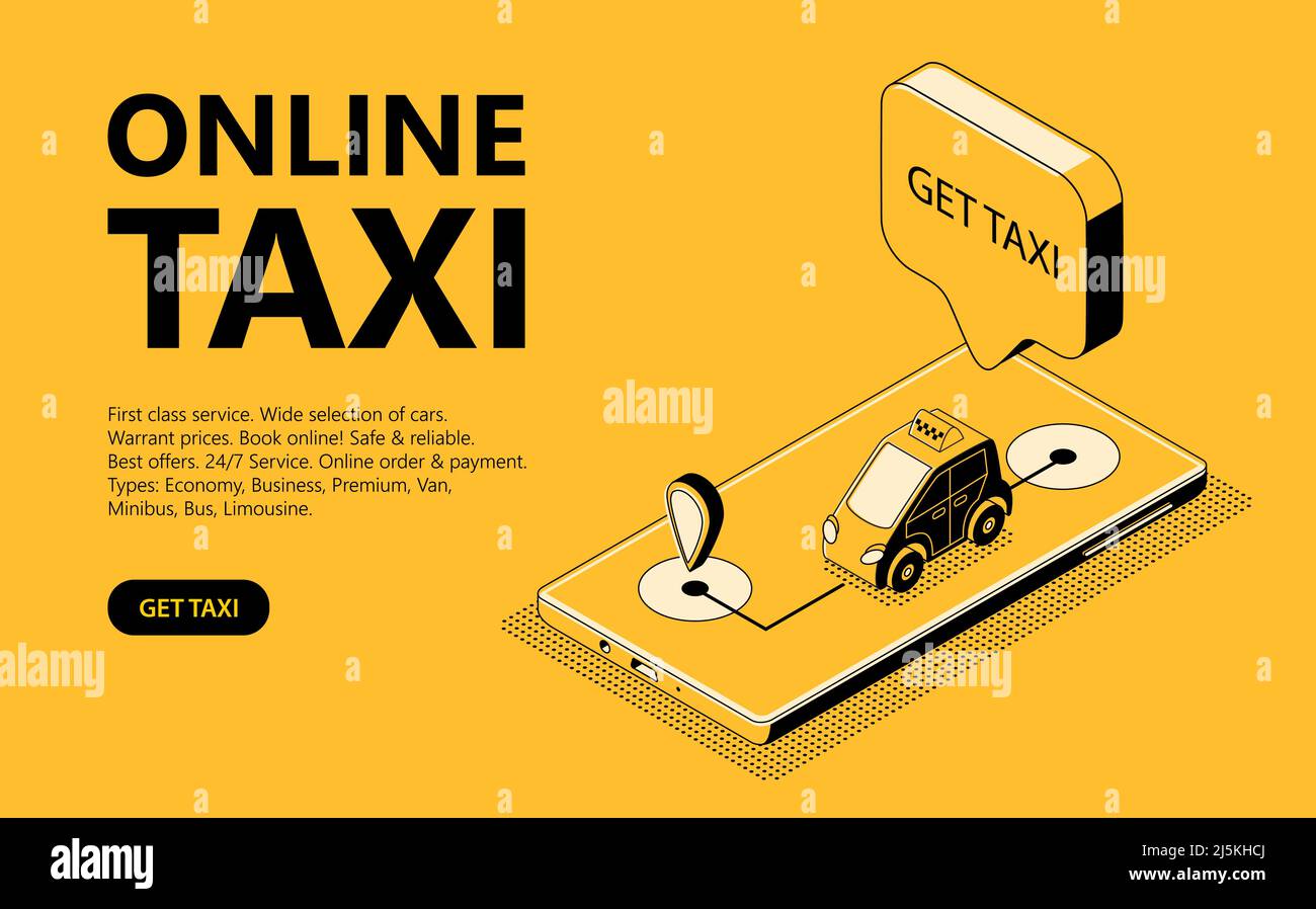 Online Taxi Vektor Illustration der isometrischen schwarzen dünnen Linie Kunst auf gelben Halbton Hintergrund. Handybildschirm mit einem Auto, das die Route entlang fährt Stock Vektor