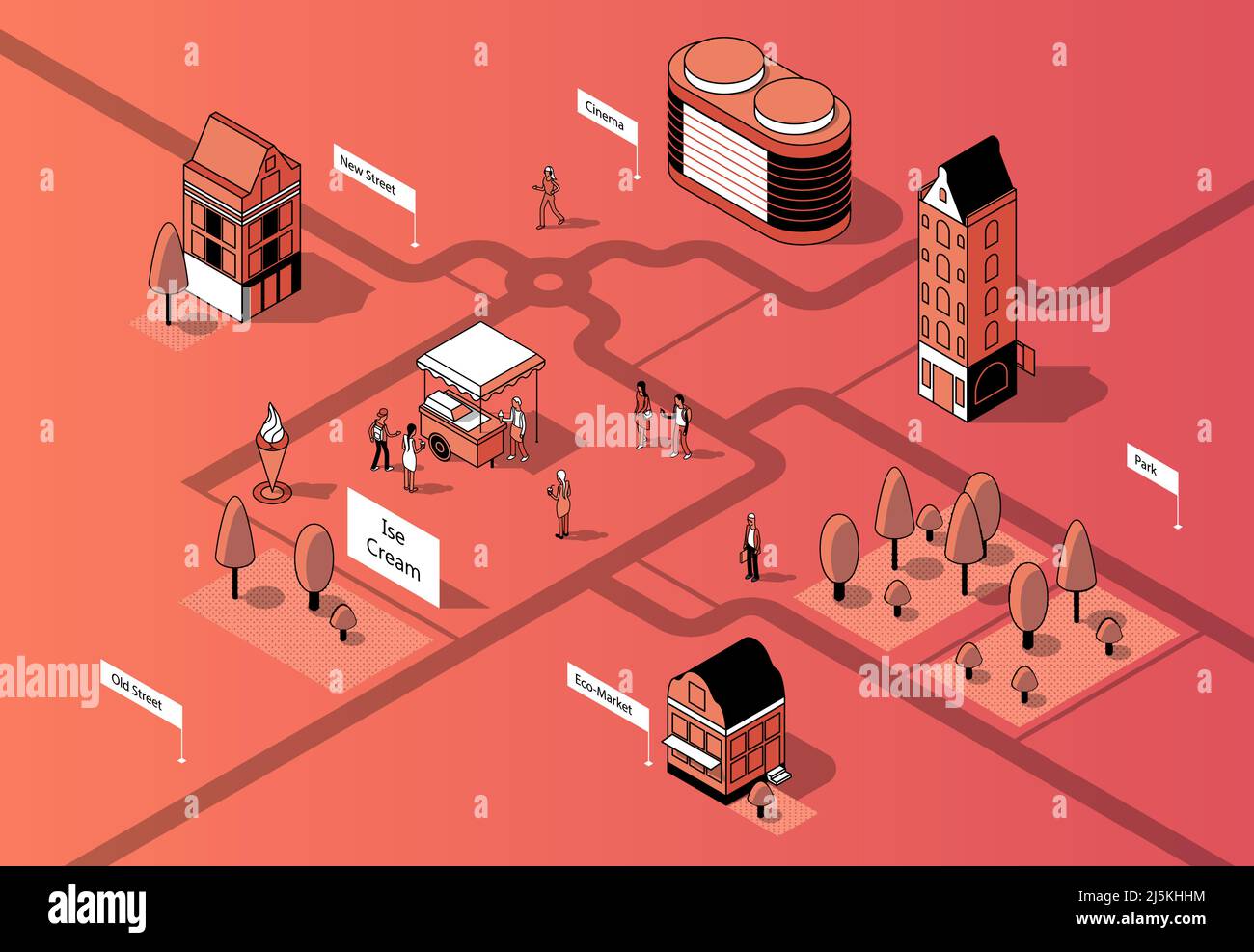 Vektor isometrisches Stadtzentrum. Platz mit Öko-Markt, Kino, Häuser, Park mit Eiswagen. Bezirk mit Bürgersteig und Menschen zwischen Gebäuden in Stock Vektor