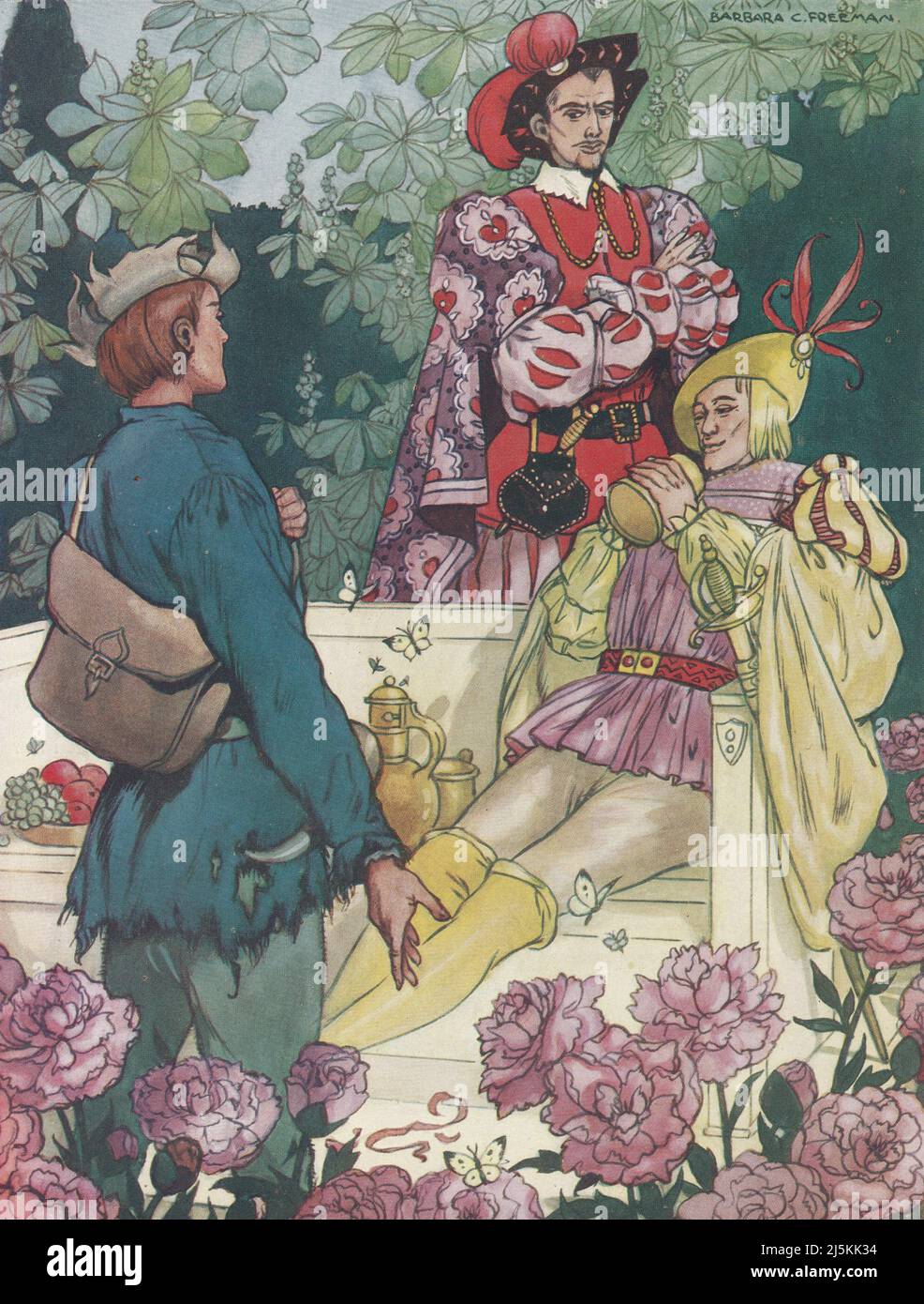 Vintage Stories von Grimm von Blackie - die Umhängetasche, der Hut und das Horn. Stockfoto