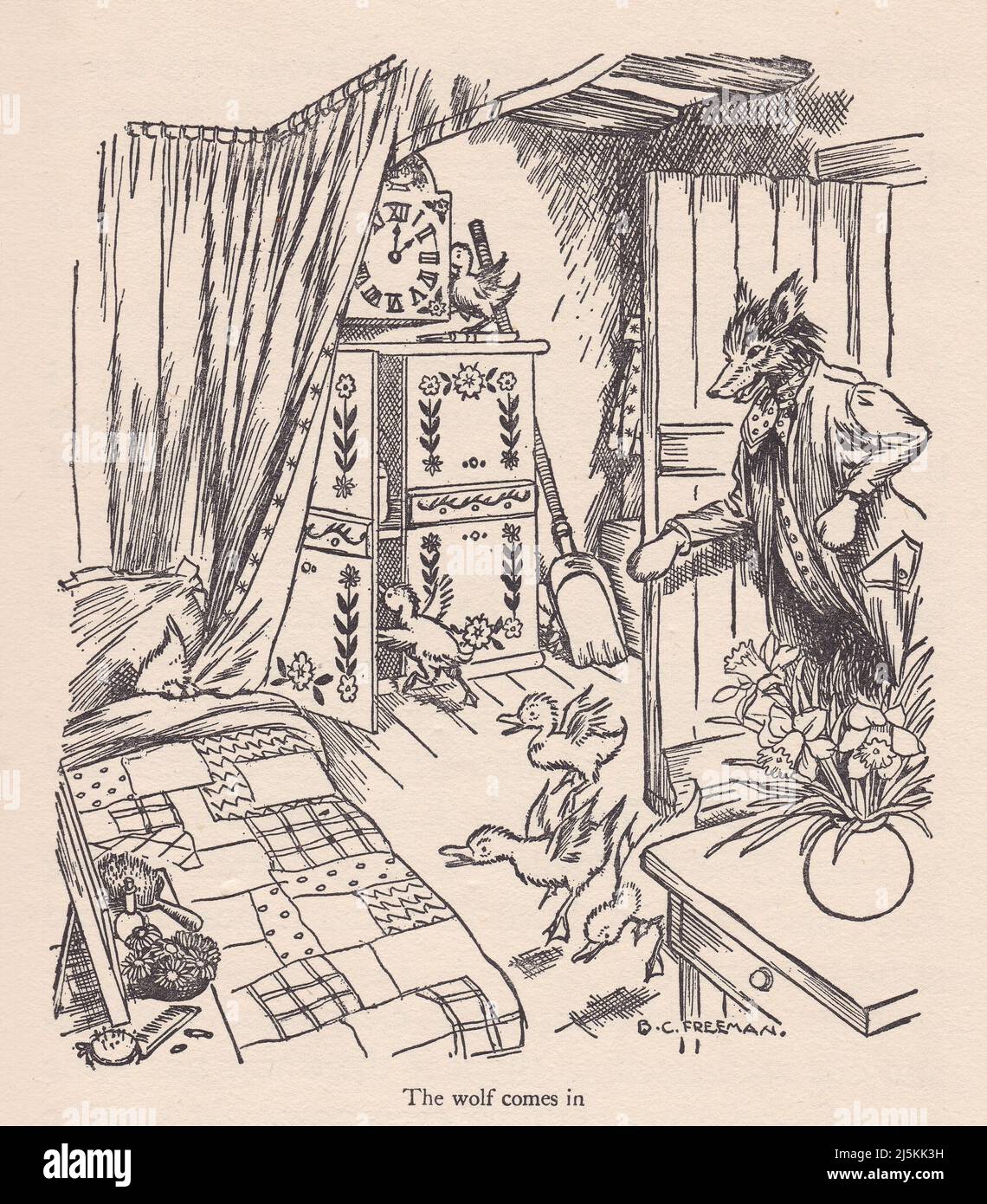 Vintage Stories von Grimm von Blackie - der Wolf und die sieben Küken. Stockfoto