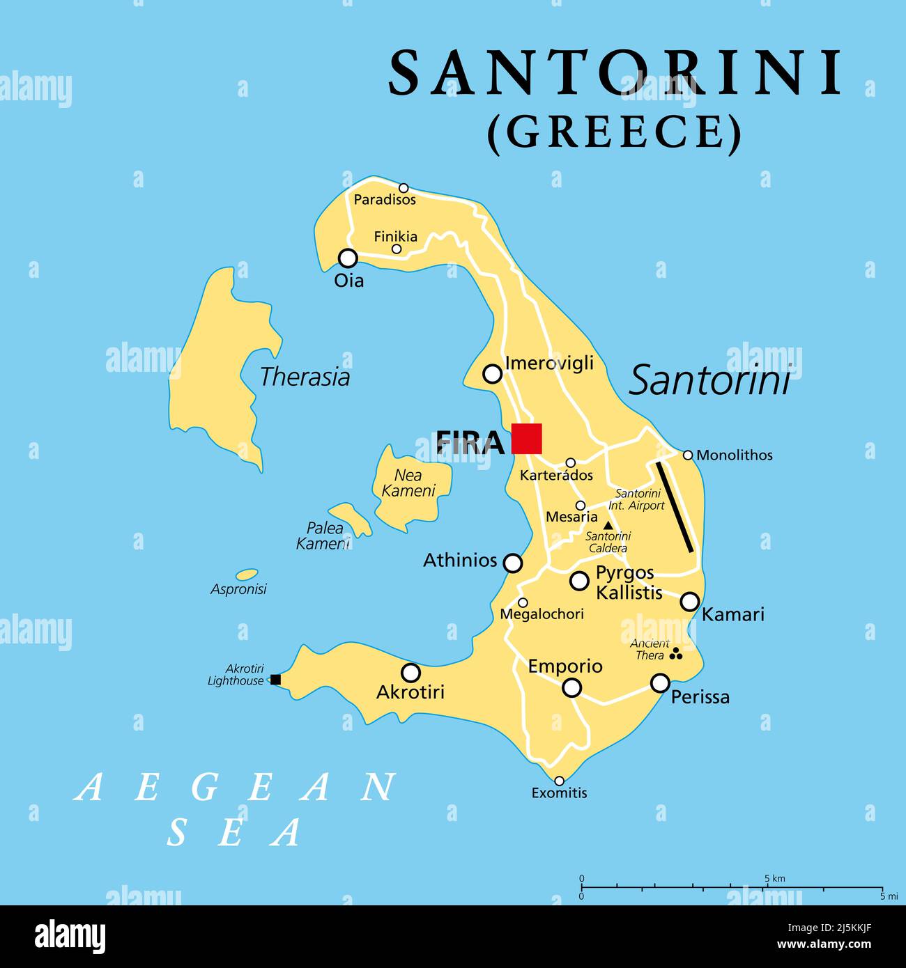 Santorini, eine Insel Griechenlands, politische Landkarte. Offiziell Thira und klassisch griechisch Thera, ist ein Archipel und Rest einer Caldera in der Ägäis. Stockfoto