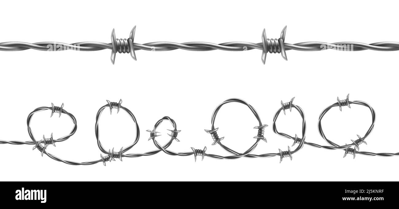 Stacheldraht Vektorgrafik, horizontale nahtlose Muster mit verdrehtem Barbwire isoliert auf Hintergrund. Metallschutzbarriere mit scharfen Widerhaken f Stock Vektor