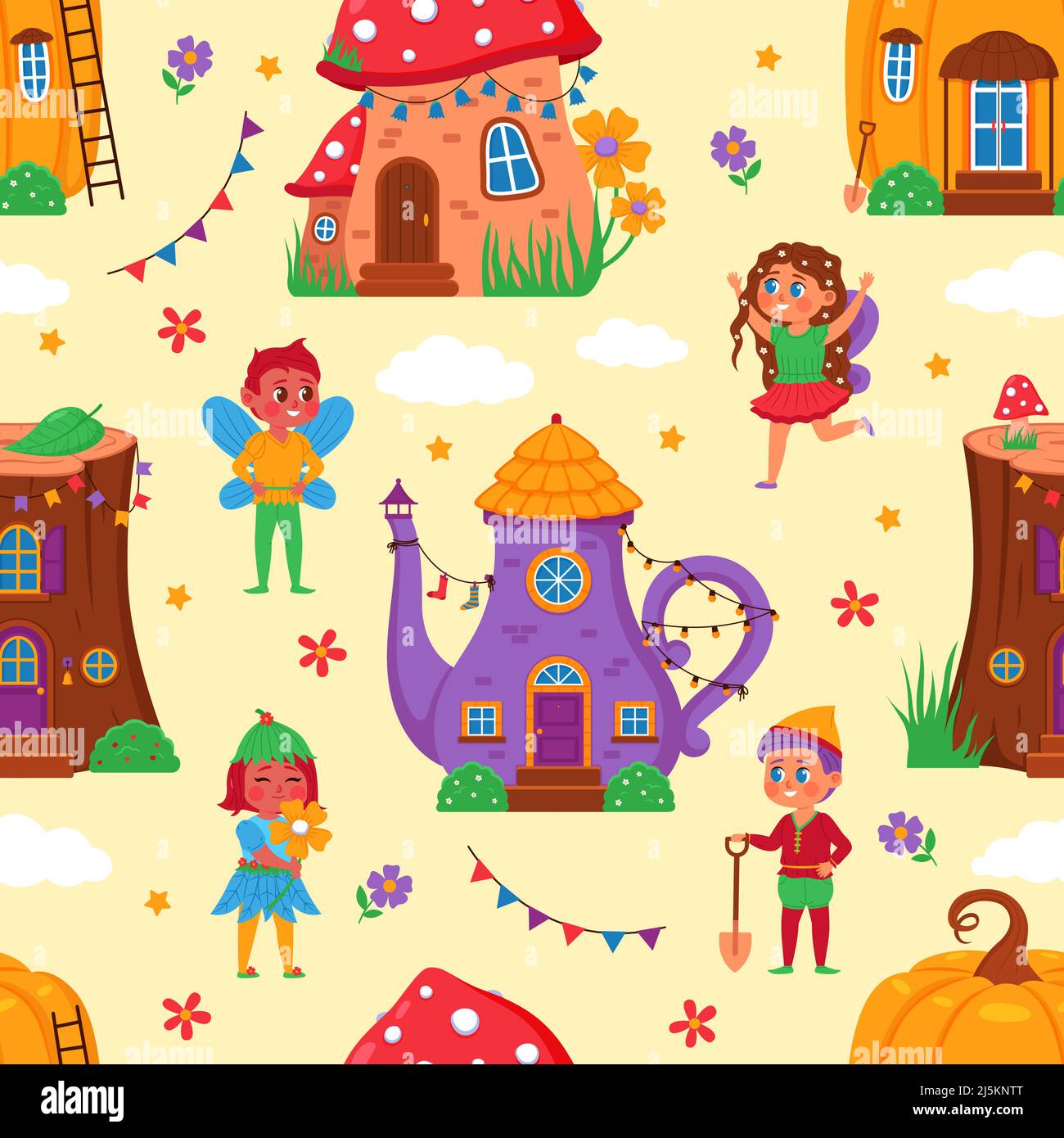 Magic Häuser nahtlose Muster. Kleine lustige Häuser, fabelhafte Kreaturen mit Blumen und Girlanden, niedliche Feen und Elfen, kindlicher Hintergrund. Einrichtung Stock Vektor