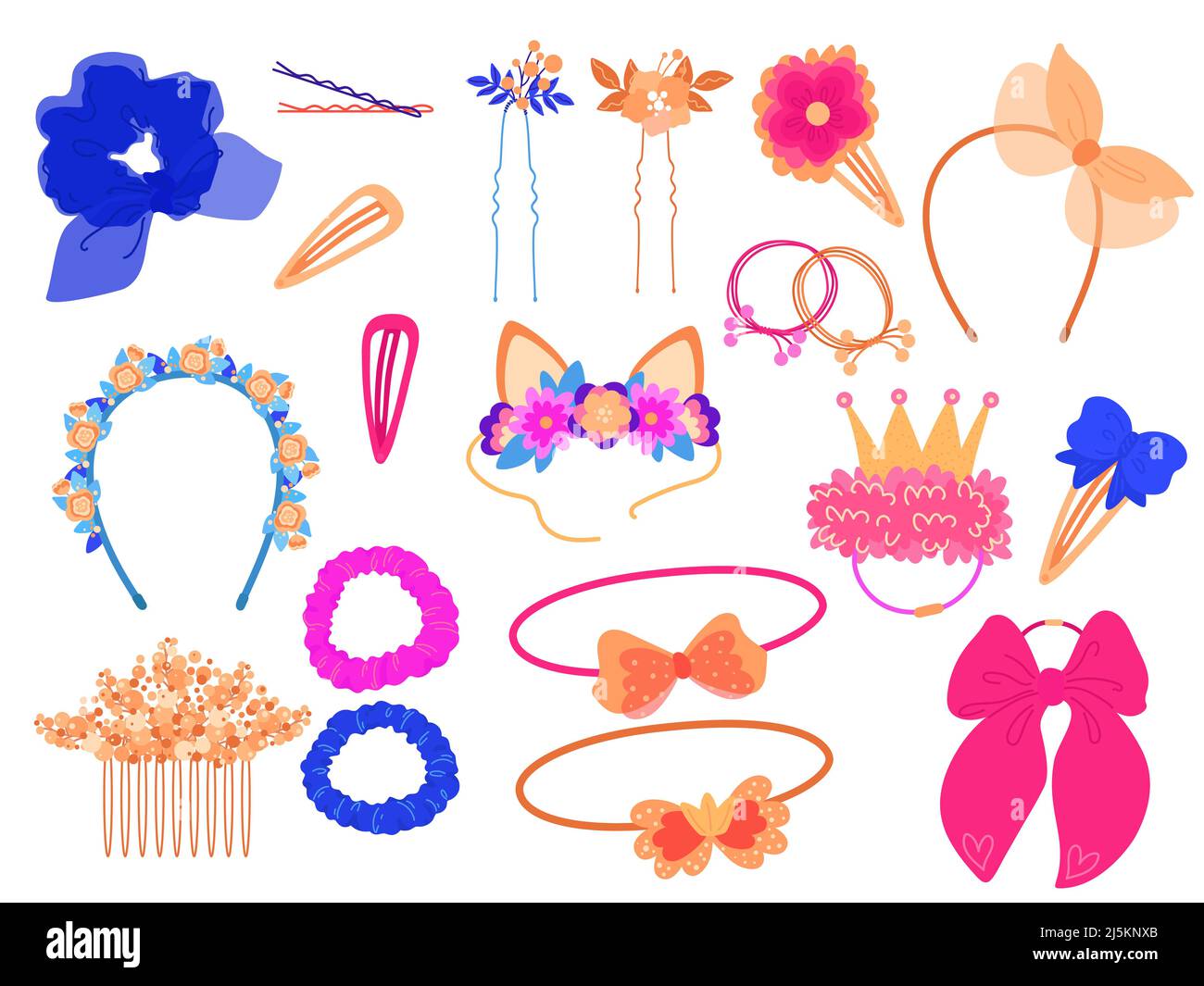 Haarzubehör. Verschiedene Girly Stil Elemente. Stirnbänder, Tiaras, elastische Bänder und Haarnadeln, dekorative Blumen, Seidenbänder und Schleifen, Mädchen Stock Vektor