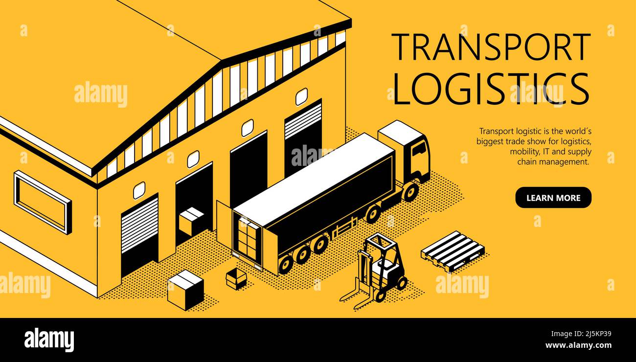 Vector 3D isometrische Standortvorlage mit Lager, LKW. Dünnschichtkunst, Portal mit Knopf für die Transportlogistik. Gelber Hintergrund mit Waren und s Stock Vektor