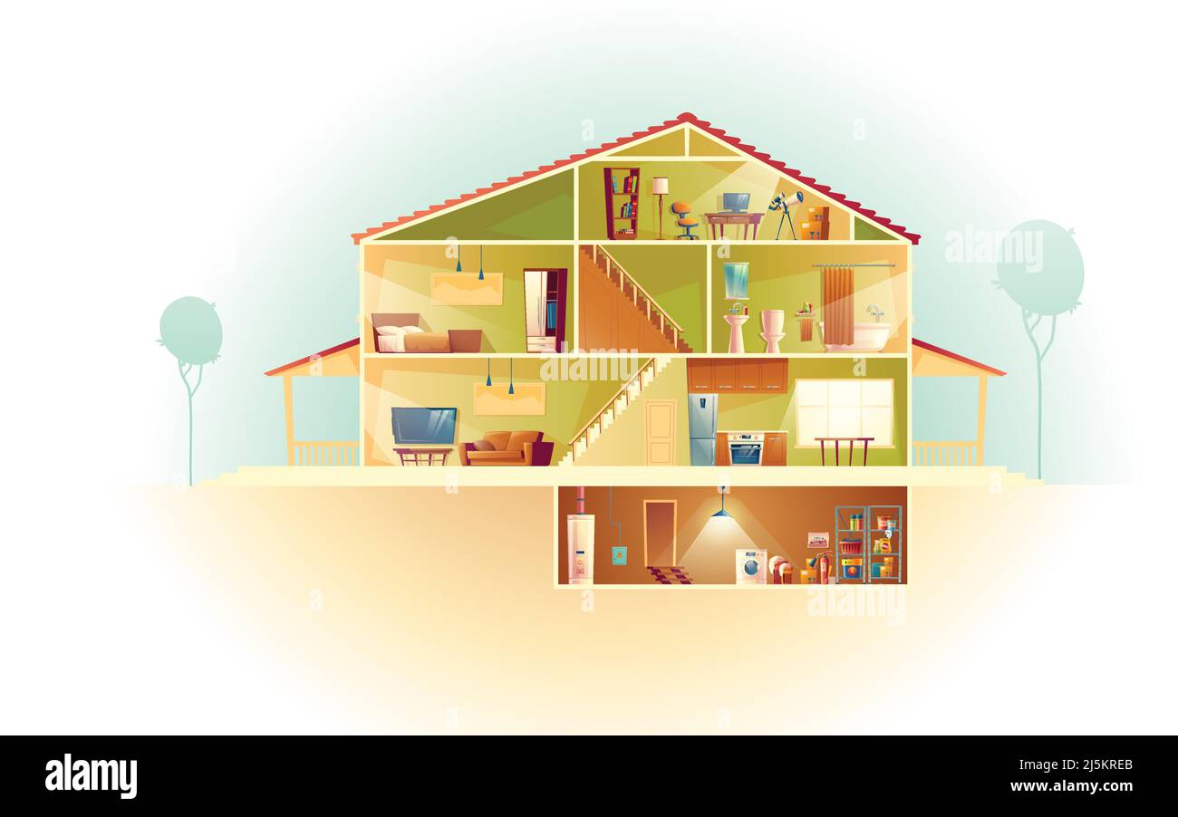 Vector Haus Innenraum im Querschnitt mit Keller und Dachboden, Cartoon mehrstöckiges privates Gebäude. Dachboden, Möbel im Wohnzimmer, TV. Wäscheservice und Stock Vektor