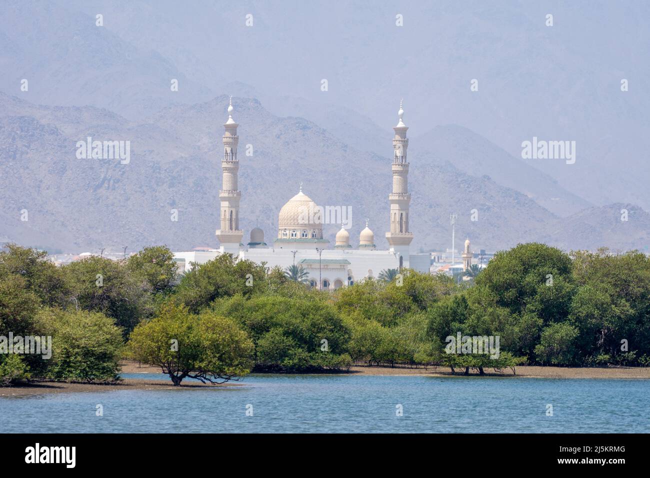 Blick über Mangroven zur Kalba Moschee in Sharjah, Vereinigte Arabische Emirate. Stockfoto