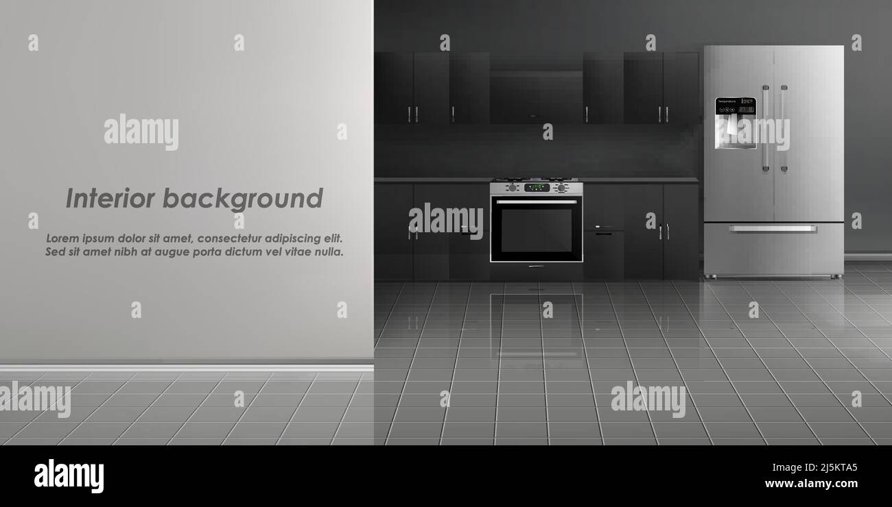 Vector realistische Modell der Küche Raum Innenraum mit Haushaltsgeräten, Kühlschrank, Einbauherd, schwarze Schränke an der grauen Wand und Fliesenboden. Stock Vektor