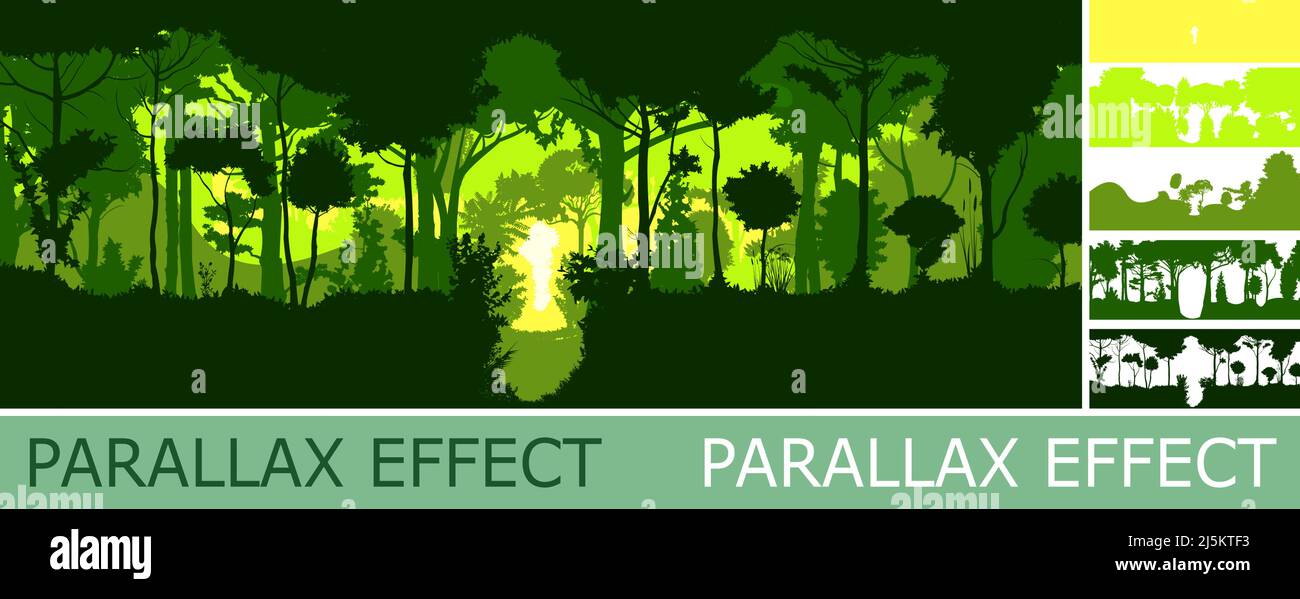 Sommergrüne Waldsilhouette mit Parallax-Effekt. Sommerlandschaft Dschungel. Panoramablick. Landschaftlich schön grün. Laubdarstellung. Vektor. Stock Vektor