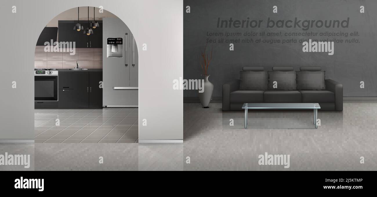 Vector Mockup von Loft-Wohnung mit Wohnzimmer und Küche. Moderne Einrichtung mit Möbeln, schwarzem Sofa, Glastisch, grau strukturierter Wand und Boden. C Stock Vektor