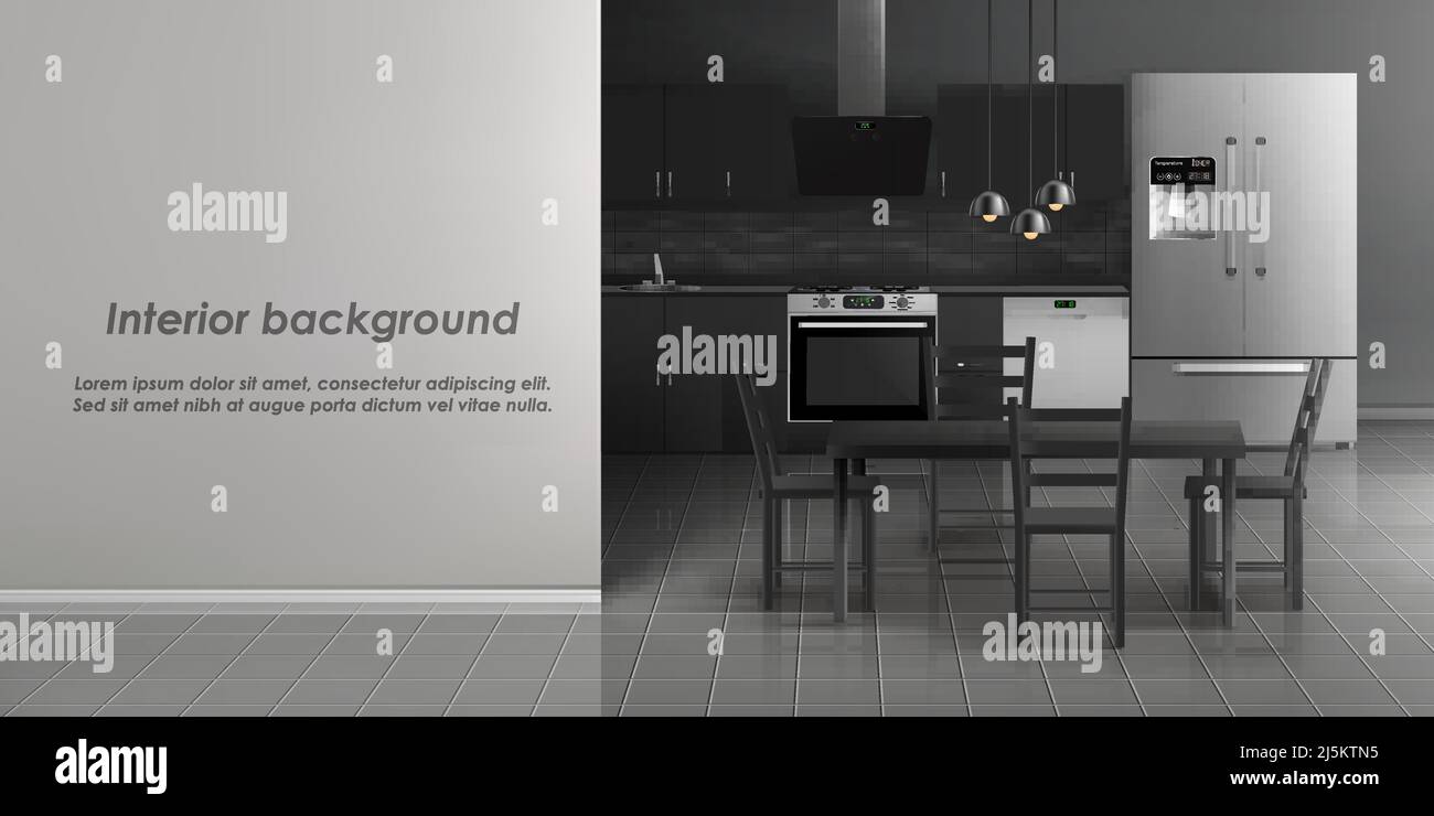 Vector Mockup von Küchenraum-Interieur mit Haushaltsgeräten, Kühlschrank, Herd mit Dunstabzugshaube, Esstisch mit Stühlen, grau gefliesten Boden. Mi Stock Vektor