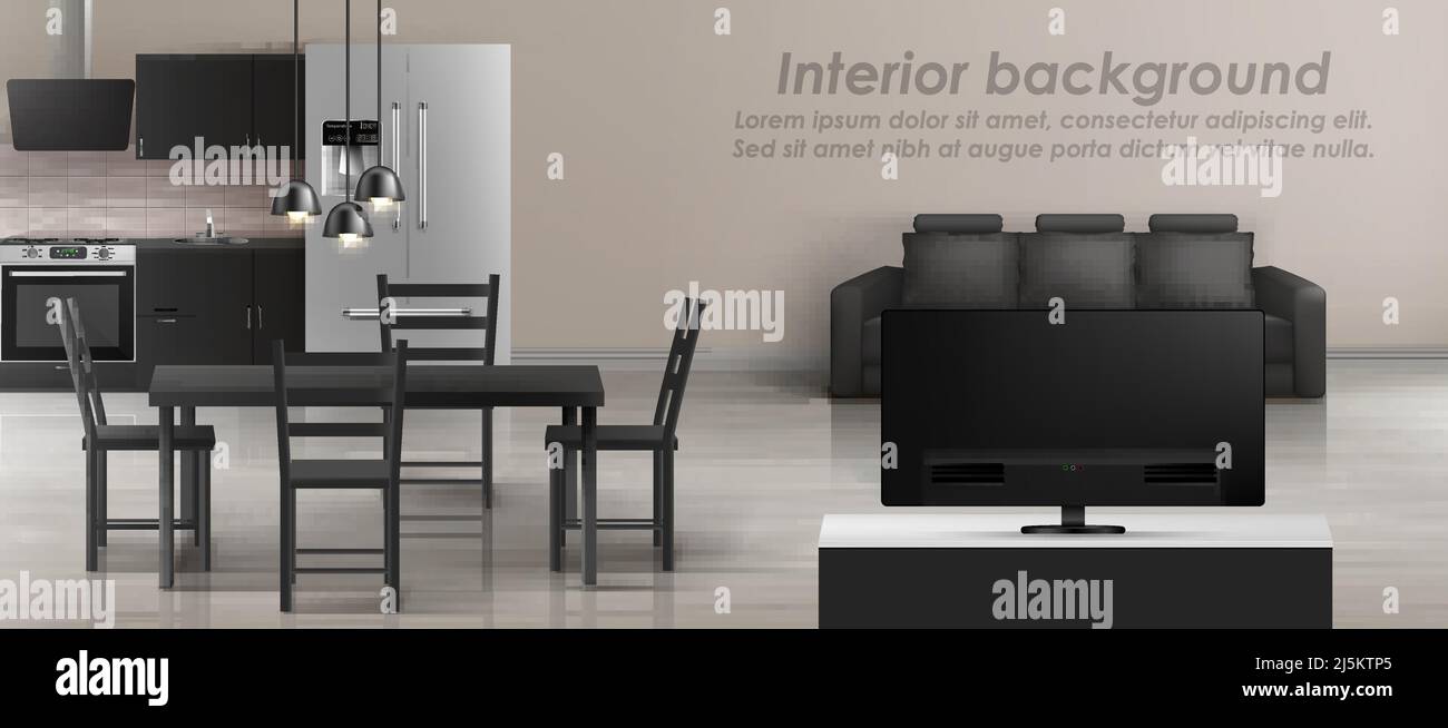 Vector Mockup von Studio-Wohnung mit Wohnzimmer und Küche. Moderne Einrichtung mit Möbeln, schwarzem Sofa, tv, Tisch mit Stühlen, Haushaltsgerät Stock Vektor