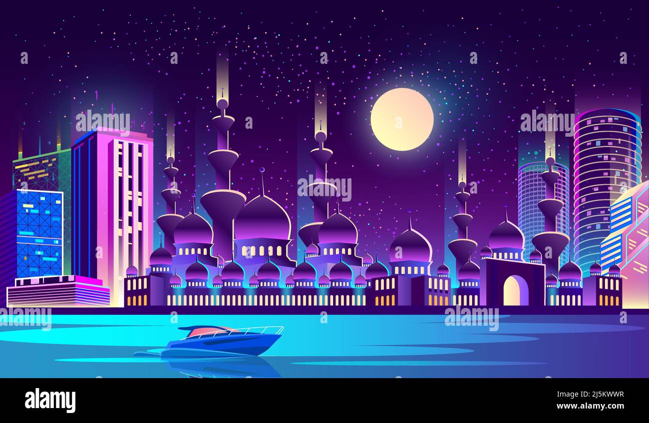 Vektor-Hintergrund mit Nachtstadt in Neonfarben. Muslimische Kultur, arabisches oder türkisches Stadtkonzept. Helle Moschee mit Kuppeln, Fluss mit Boot auf vollen m Stock Vektor