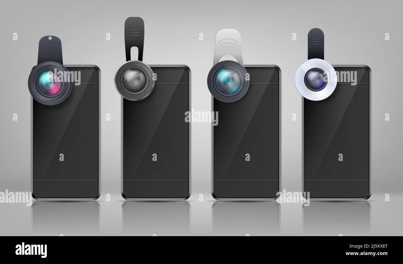 Vector realistische Modell, schwarze Smartphones mit verschiedenen Clip-on-Objektive, isoliert auf dem Hintergrund. Mini-Objektive zum Anbringen an Handy-Fotokamera, Stock Vektor