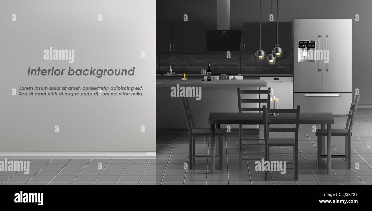 Vector Mockup der Küche Zimmer Interieur mit Haushaltsgeräten, Konzept der romantischen Abendessen mit Wein und brennende Kerzen. Minimalistisches, modernes Design i Stock Vektor