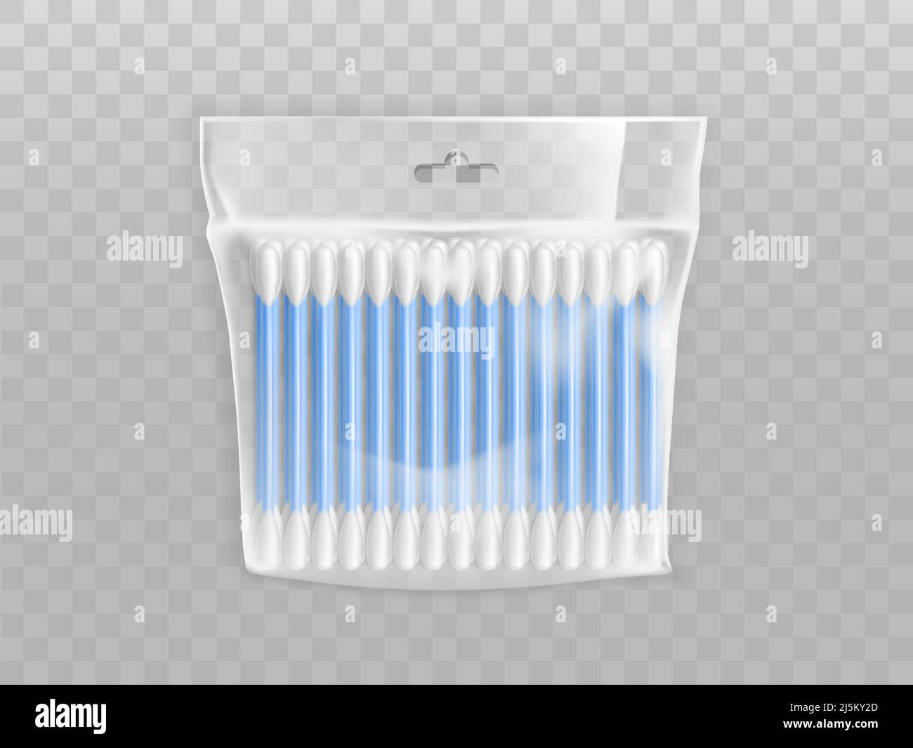 Wattestäbchen oder Wattestäbchen in einer leeren Plastikverpackung mit einem realistischen Vektor mit Aufhängeloch, der auf transparentem Hintergrund isoliert ist. Hygiene oder Kosmetologie Produkt Mock-U Stock Vektor
