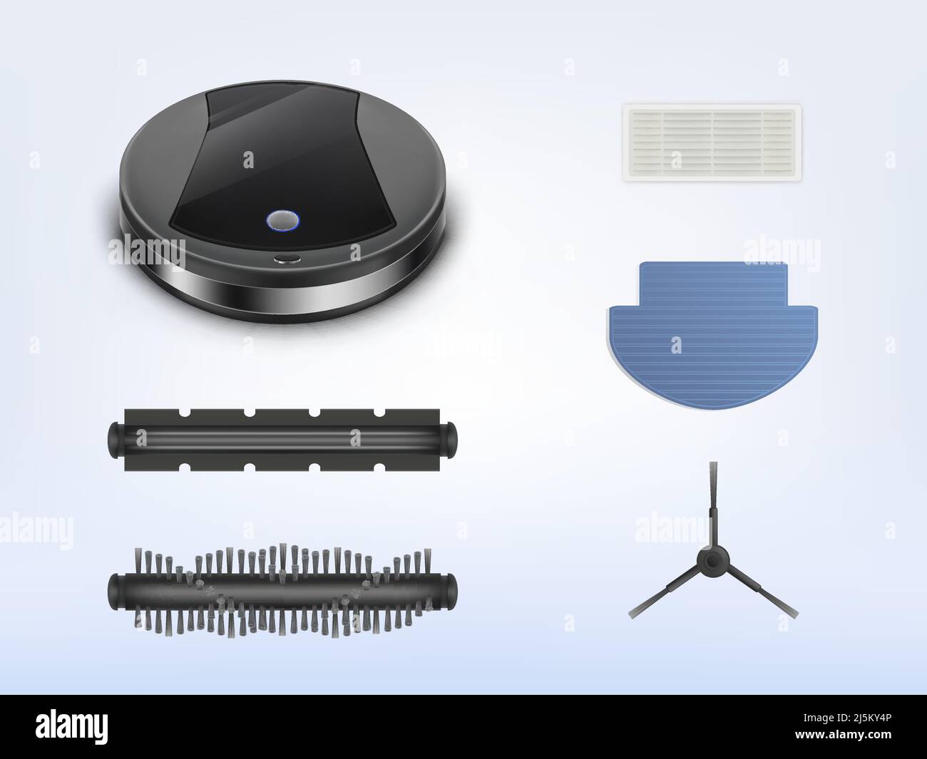 Vector runder Roboter-Staubsauger mit Ersatzteilen, intelligenter Roboter mit Ersatzteilen für die Reparatur, isoliert auf dem Hintergrund. Modernes Haushaltsgerät, Elektron Stock Vektor