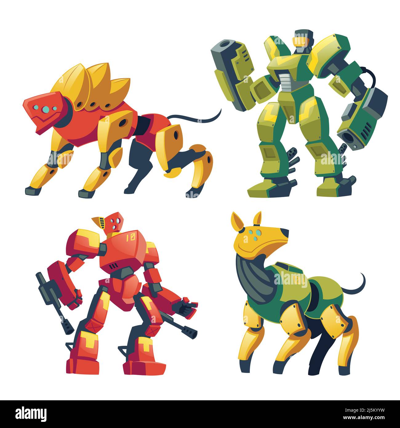 Vector Cartoon Kampfroboter und mechanische Hunde. Kampf Androiden mit künstlicher Intelligenz, Haustier in Schutzrüstung isoliert auf weißem Hintergrund f Stock Vektor