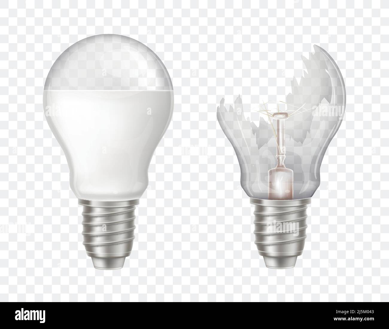 Vector 3D realistische elektrische Glühlampen. LED-Technologie, umweltfreundliche, energieeffiziente Innovation. Beleuchtungsanlage mit gebrochenem Glas, scharfer sp Stock Vektor