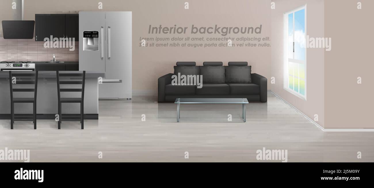 Vector Mockup von Studio-Wohnung mit Wohnzimmer und Küche. Moderne Einrichtung mit Möbeln, schwarzem Sofa mit Glastisch, beigefarbenen Wänden und großem Gewinn Stock Vektor