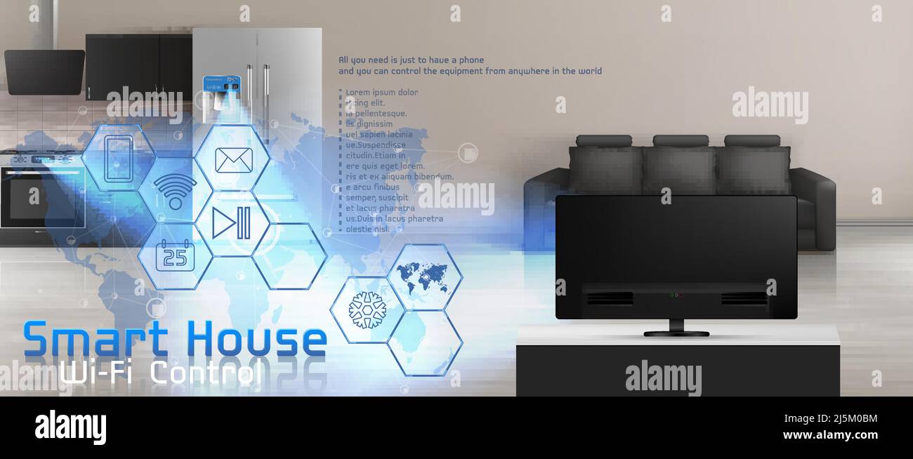 Abbildung des Smart House-Vektorkonzepts, Internet der Dinge, drahtlose digitale Technologien zur Verwaltung Ihres Heims. Moderne Apartments mit Haushaltsappli Stock Vektor