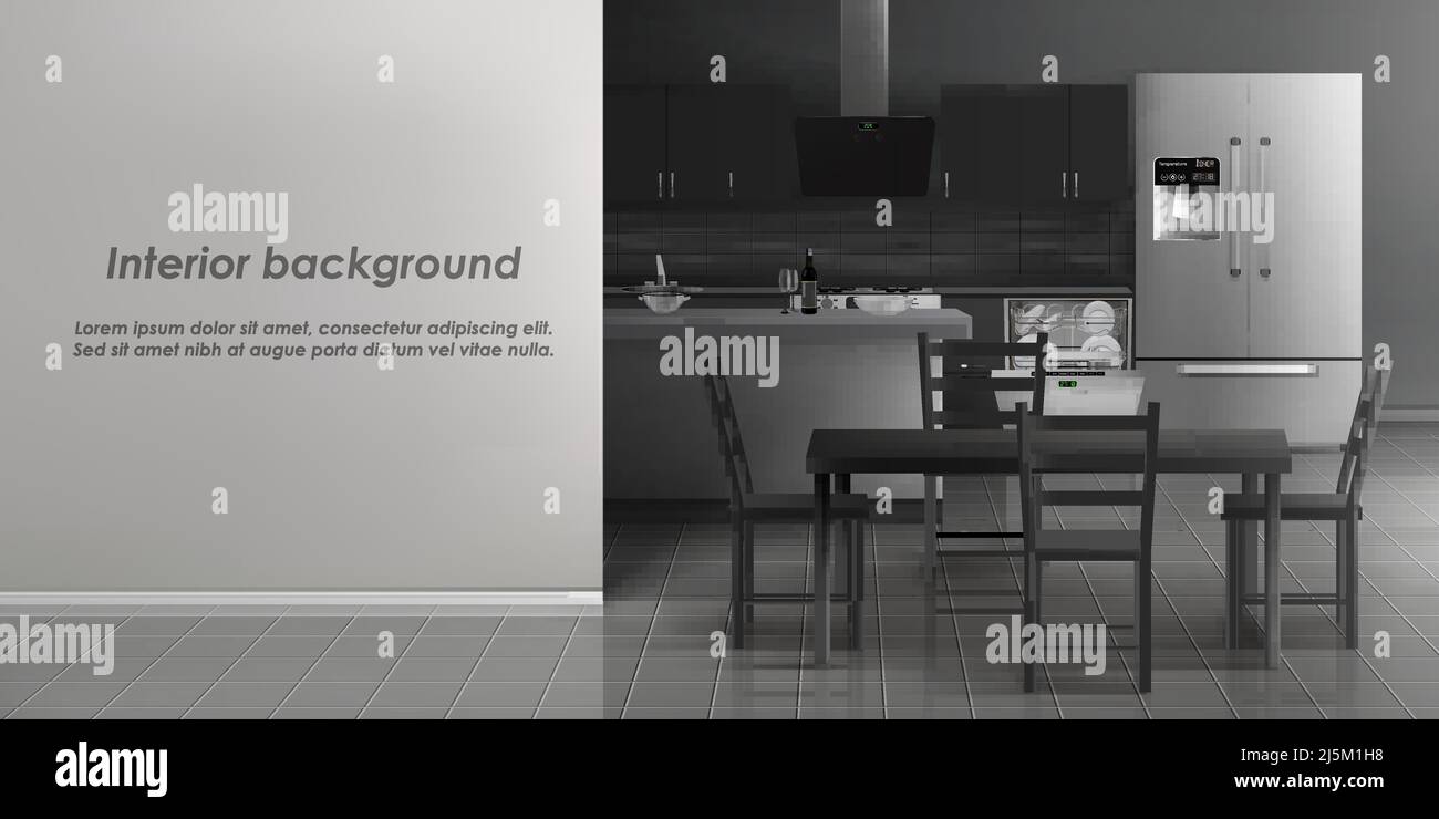 Vector Mockup von Küchenraum-Innenraum mit Haushaltsgeräten, Kühlschrank, Geschirrspüler mit Geschirr, Esstisch mit Stühlen, grau gefliesten Boden. Mi Stock Vektor