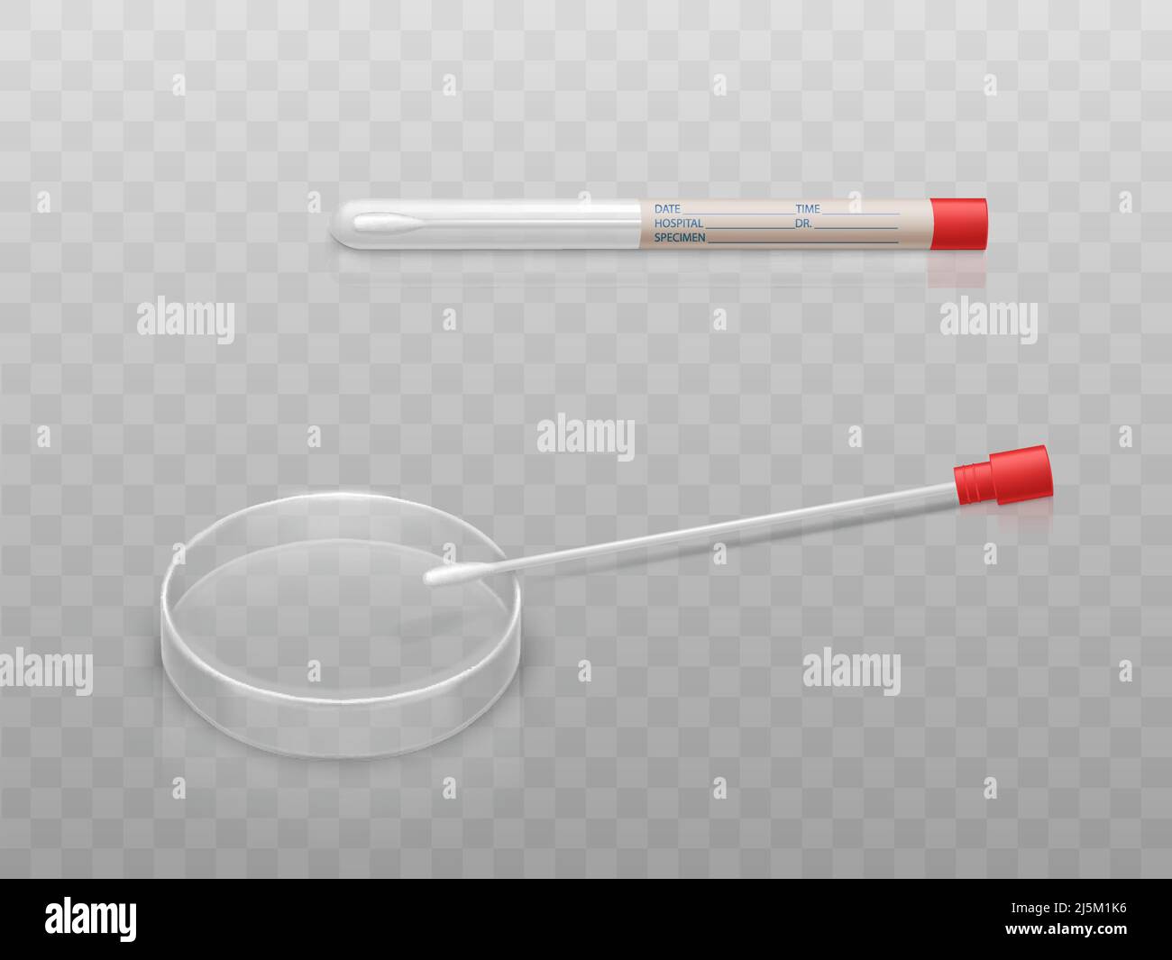 Vector Medical Set für die Sputumanalyse - Petrischale und q-Tip mit Wattestäbchen in durchsichtiger Glaskapsel. Individuelle Hygieneartikel aus Kunststoff Stock Vektor