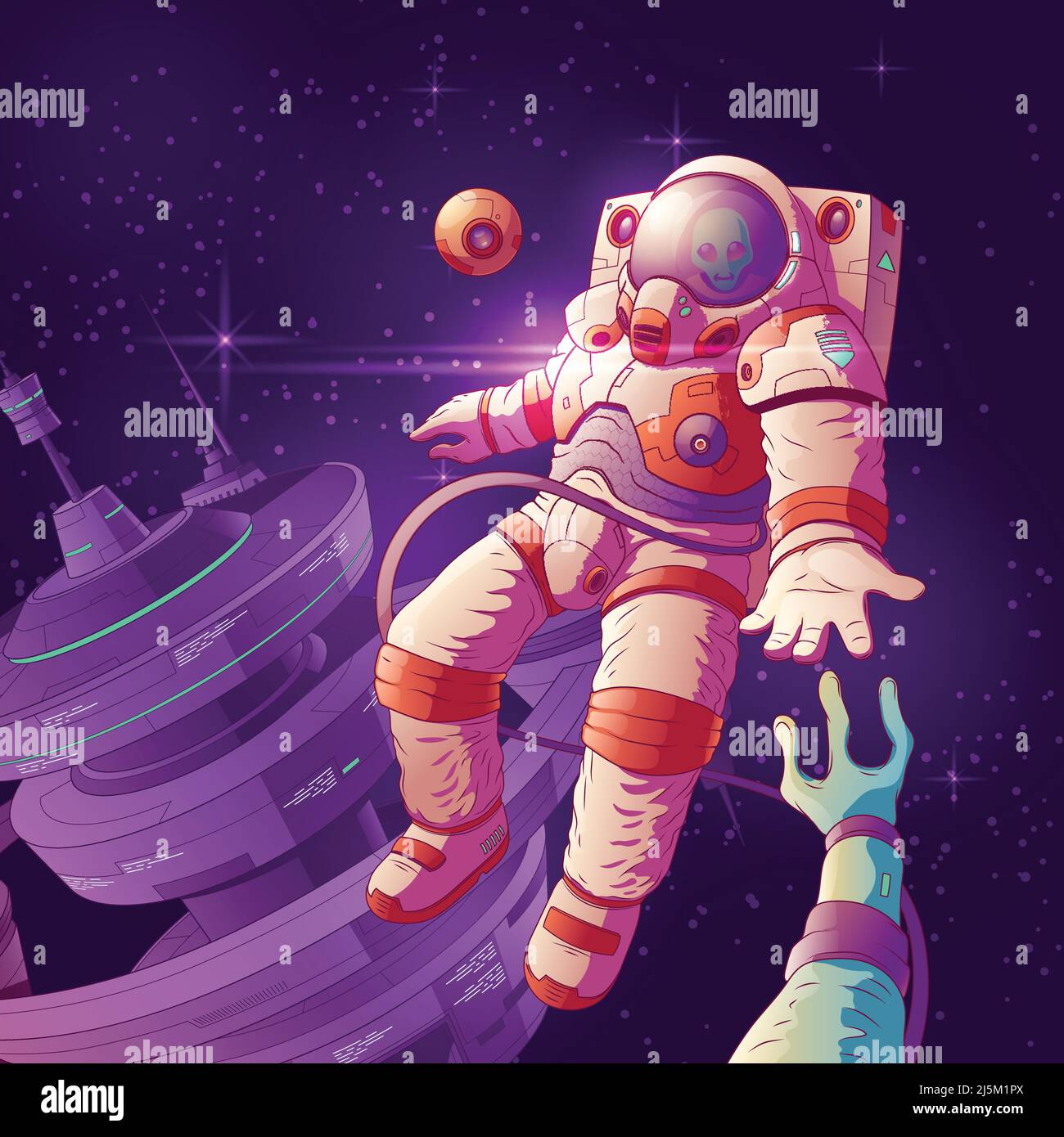 Alien erster Kontakt Cartoon Vektor-Konzept mit Astronaut in futuristischen Raumanzügen Hand an außerirdische Kreatur erreichen, während im äußeren Spa fliegen Stock Vektor