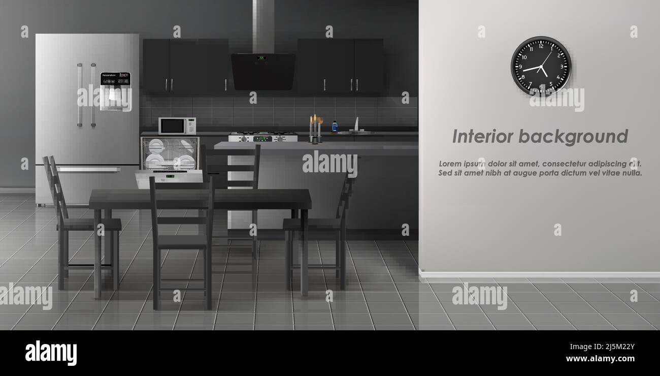 Moderne Küche Interieur in minimalistischem Design realistische Vektor-Hintergrund mit Stühlen um Esstisch, verschiedene Küchengeräte, Wanduhr, Fliesen Stock Vektor