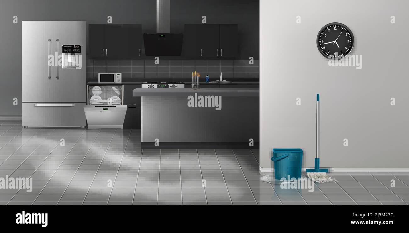 Moderne Küchenreinigung realistische Vektor Haushalt Hintergrund mit sauberen Küchengeräten und Möbeln in minimalistischem Design Interieur, Mopp mit BU Stock Vektor