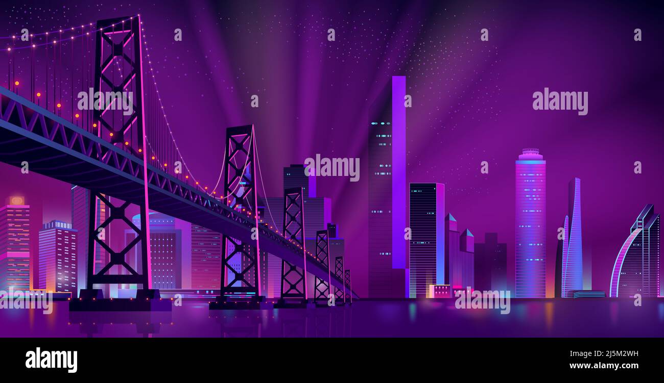 Cartoon-Vektor städtischen Hintergrund mit modernen Metropolenviertel, beleuchtete Wolkenkratzer Gebäude, Brücke über Fluss oder Bucht, Projektorleuchten Strahlen i Stock Vektor