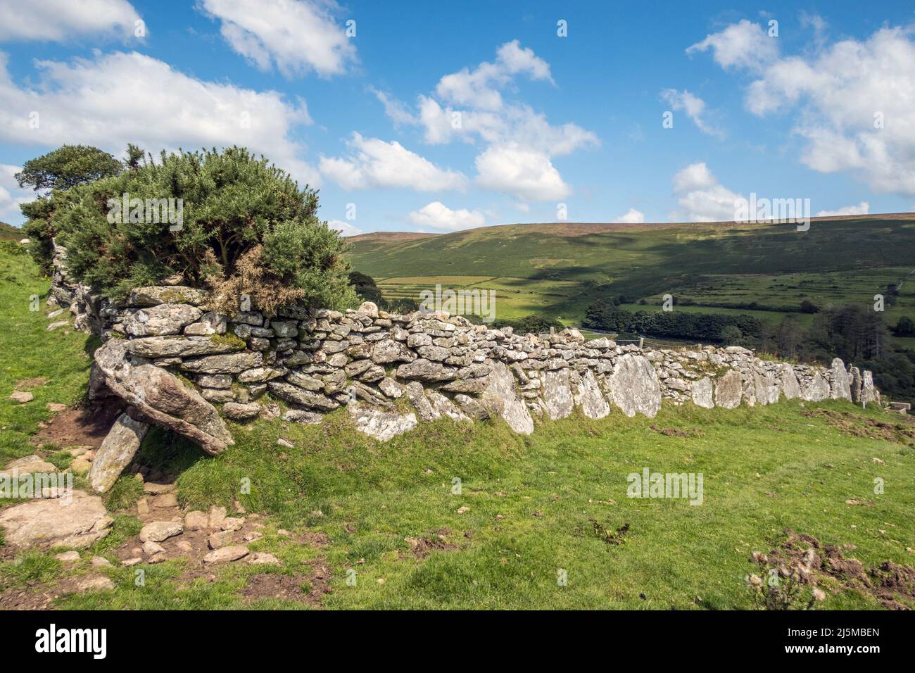 Großbritannien, England, Devonshire, Dartmoor. Alte Steinmauer auf Challacombe Farm Land Stockfoto