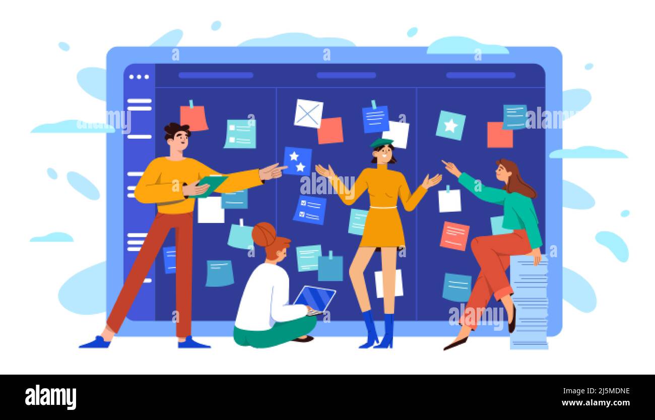 Flaches Geschäftsteam auf der Schrottafel mit Haftnotizen. Teamarbeit, Diskussion und Organisation des Projektplans, der Methodik des Schemas. Gruppe von Leuten, die mit Aufgaben-Tracker im Büro programmieren Stock Vektor