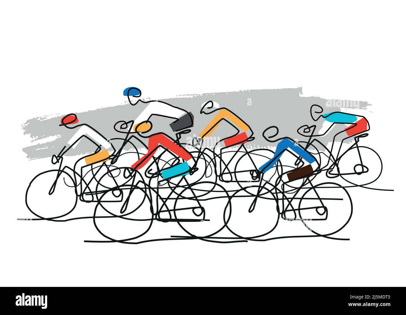Radrennen, Linienkunst stilisierte Karikatur. Abbildung der Gruppe der Radfahrer auf der Straße. Fortlaufende Linienzeichnung. Vektor verfügbar. Stock Vektor