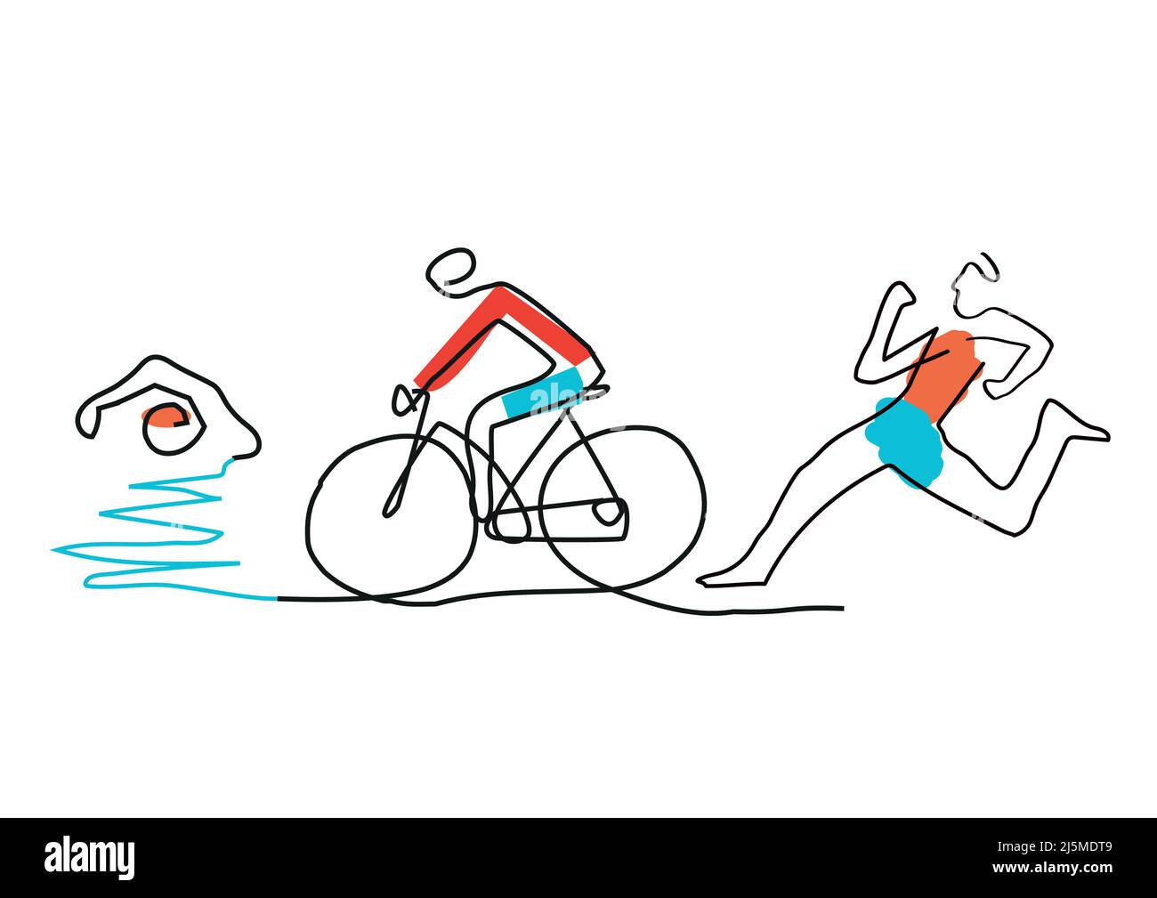 Triathlon Radfahren Schwimmen, Line Art. Illustration von Triathlon Athleten. Kontinuierliche Linienzeichnung . Vektor verfügbar. Stock Vektor