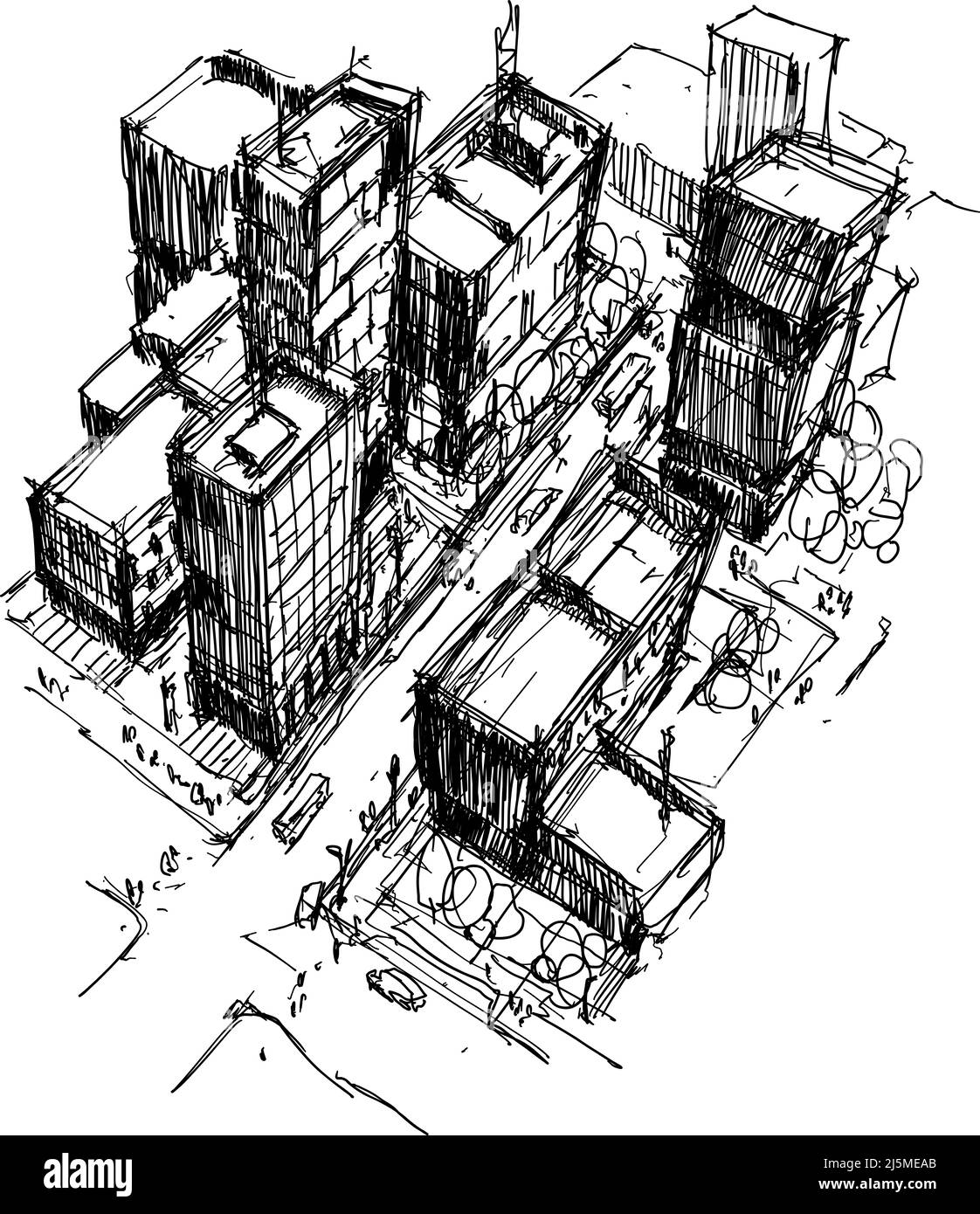 Hand gezeichnet architektonische Skizze einer modernen Stadt mit hohen Gebäuden und die Menschen auf den Straßen Stockfoto