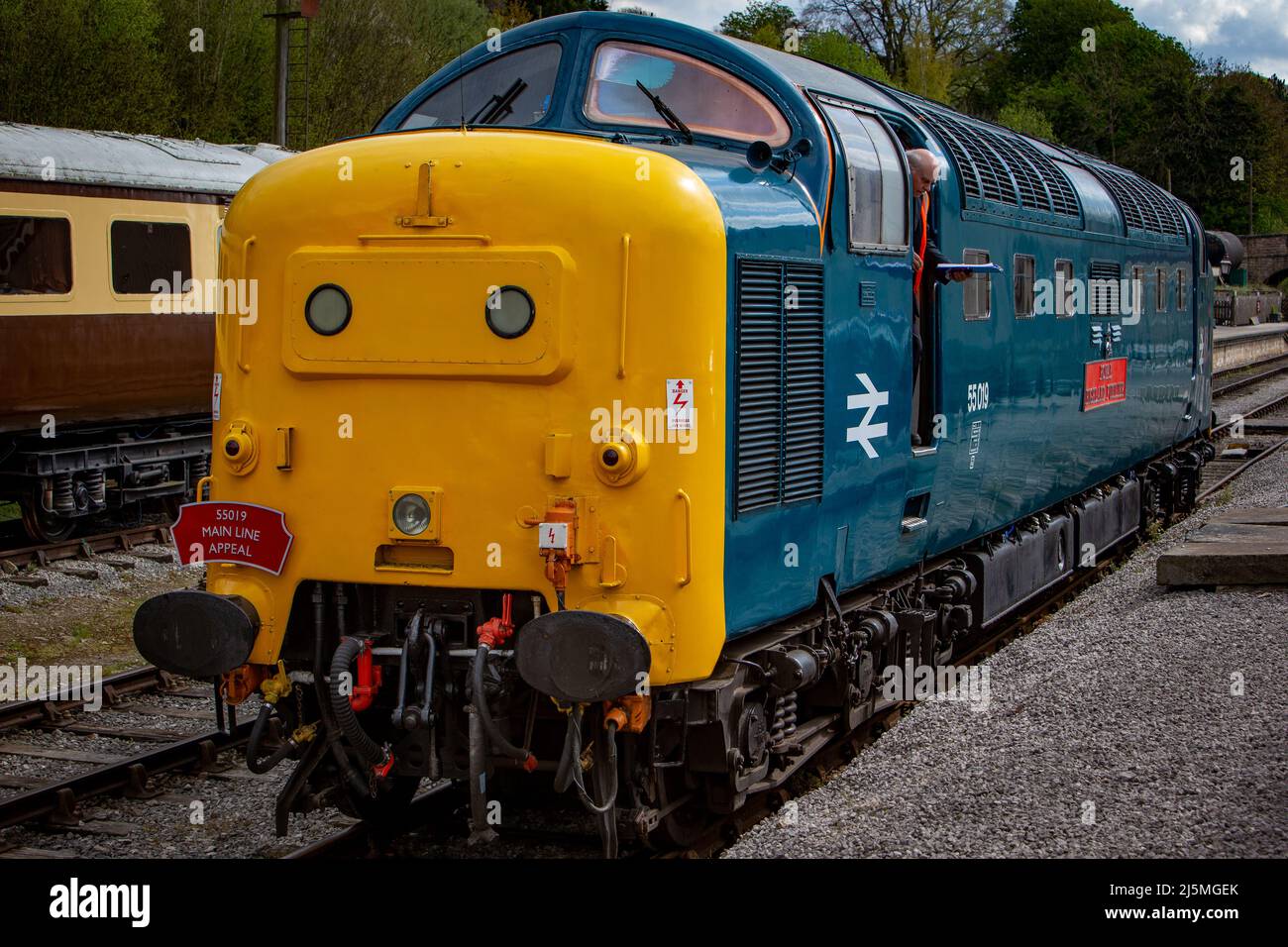 Ehemalige BR-Klasse 55 'Deltic', 55019 als 'Royal Highland Fusilier' bezeichnet, die mit der Ecclesbourne Valley Railway in den Bahnhof Wirksworth fährt. Stockfoto