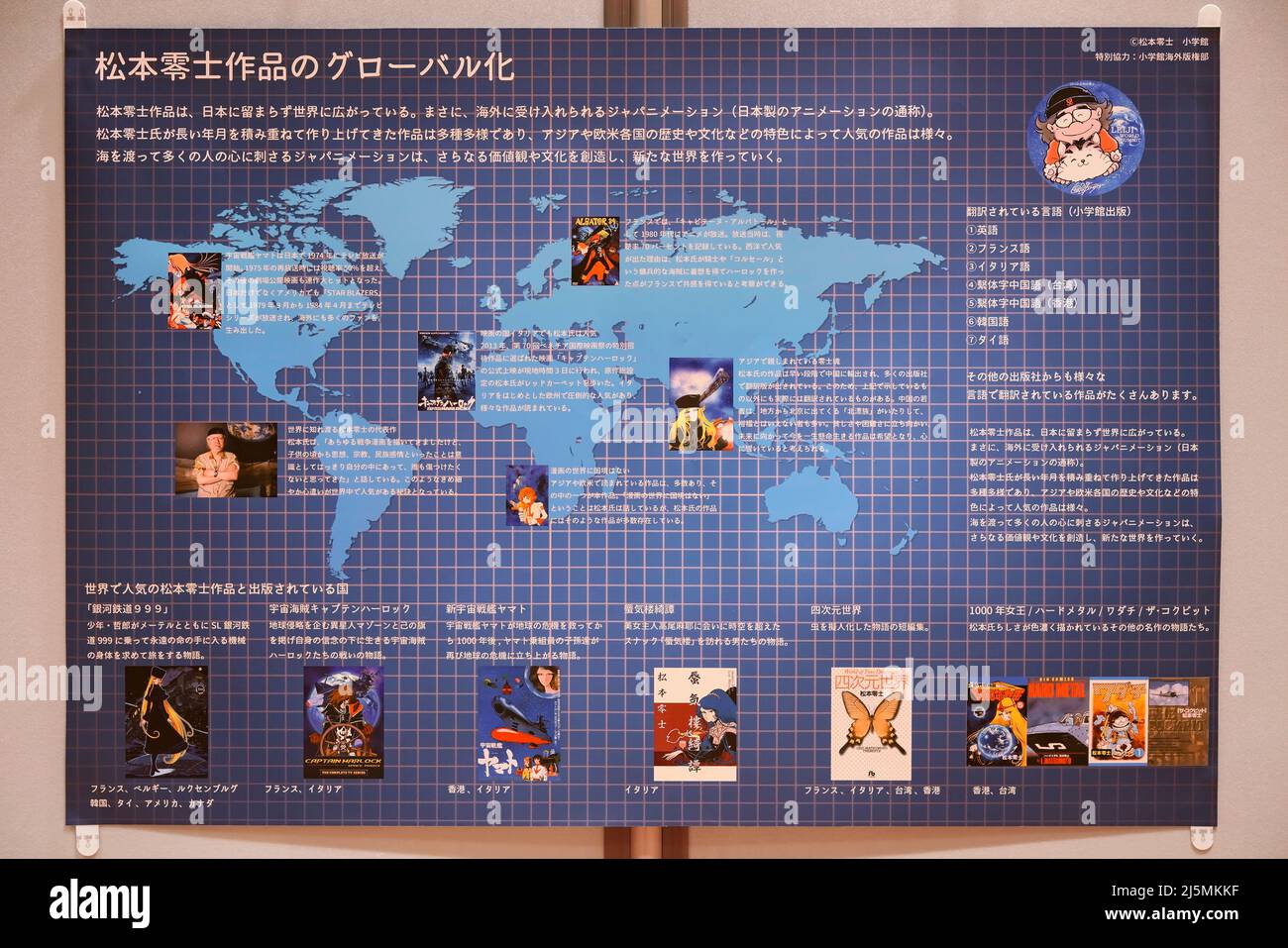 tokio, japan - november 02 2019: Tafel, auf der die Manga des japanischen Mangaka Leiji Mat-Sumoto in den Ländern der Weltausstellung gezeigt werden Stockfoto