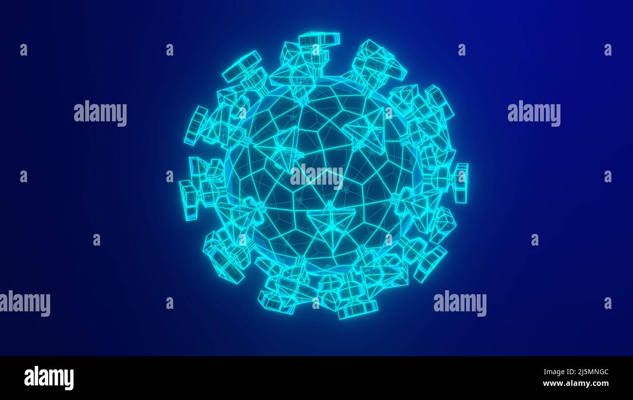 Coronavirus SARS-CoV-2-Virus. Elektronenmikroskop Vergrößerung Größe Computermodell, 3D Rendering. Modell mit niedrigem Polyglühen. Stockfoto