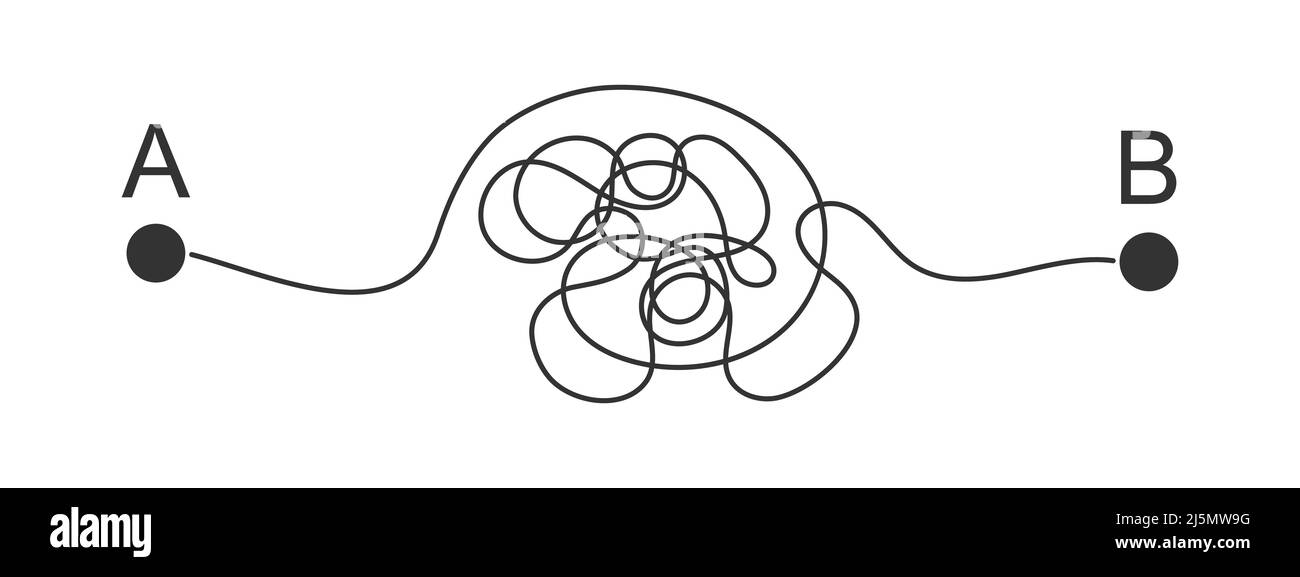 Gekrümmte Bahnlinie von A- zu B-Punkten. Schwieriger Weg, chaotischer Plan, harte Herausforderung, lange Straße Symbol isoliert auf weißem Hintergrund. Vektorgrafik. Stock Vektor