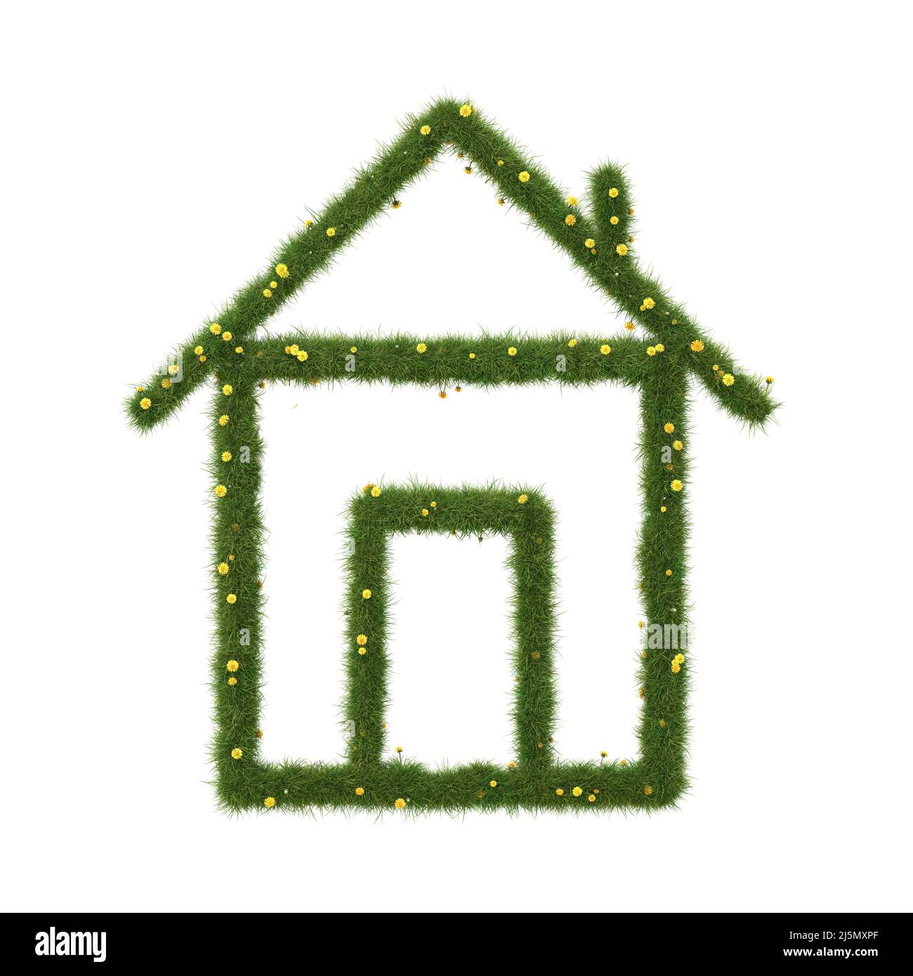 Haus-Ikone aus realistischem Gras. Ökologisches Konzept. 3D Abbildung. Stockfoto